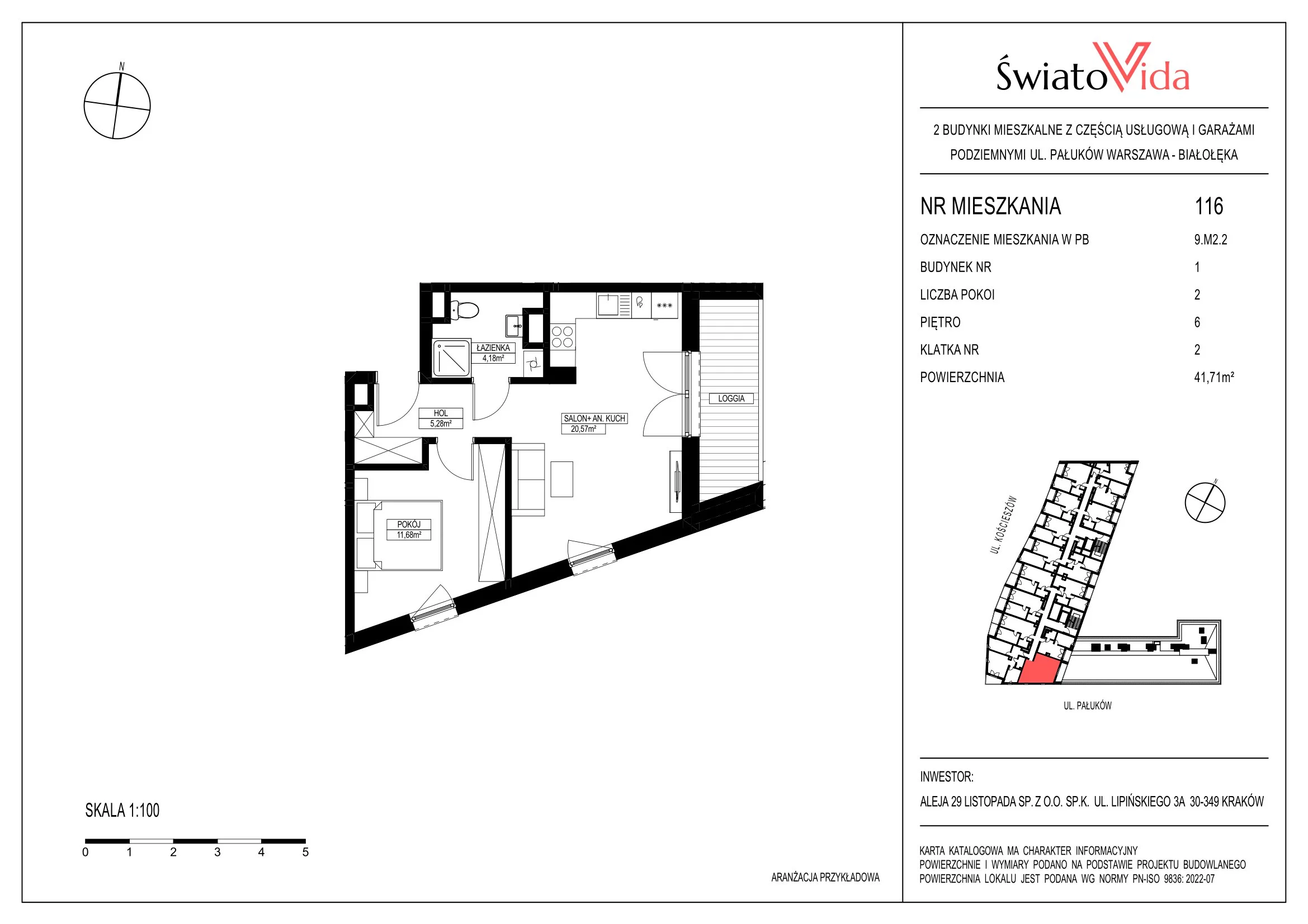 Mieszkanie 41,37 m², piętro 6, oferta nr 116, Osiedle ŚwiatoVida, Warszawa, Białołęka, Tarchomin, ul. Pałuków