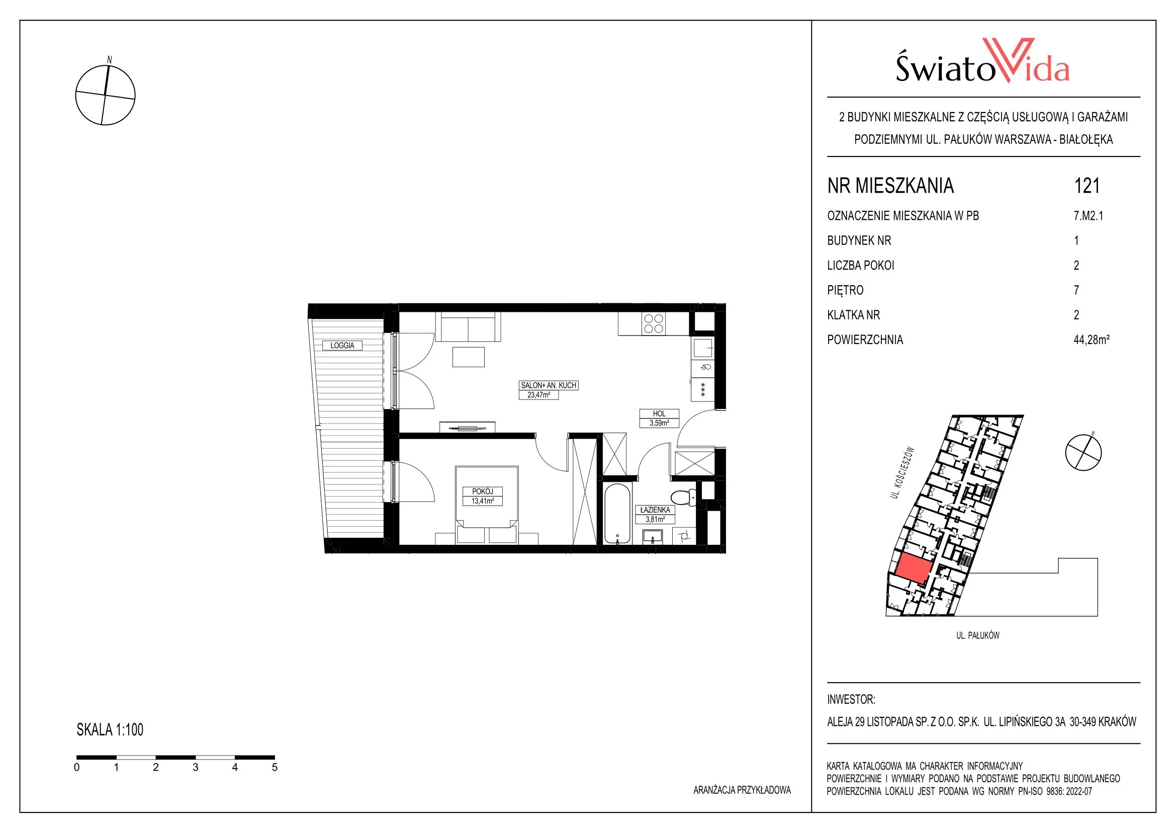 Mieszkanie 44,28 m², piętro 7, oferta nr 121, Osiedle ŚwiatoVida, Warszawa, Białołęka, Tarchomin, ul. Pałuków