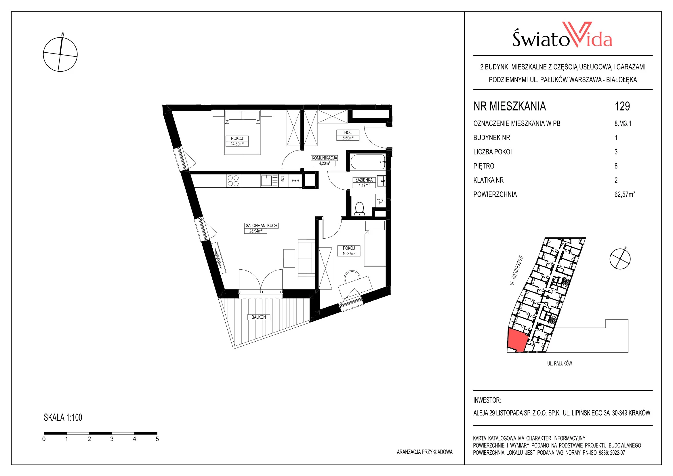 Mieszkanie 62,23 m², piętro 8, oferta nr 129, Osiedle ŚwiatoVida, Warszawa, Białołęka, Tarchomin, ul. Pałuków