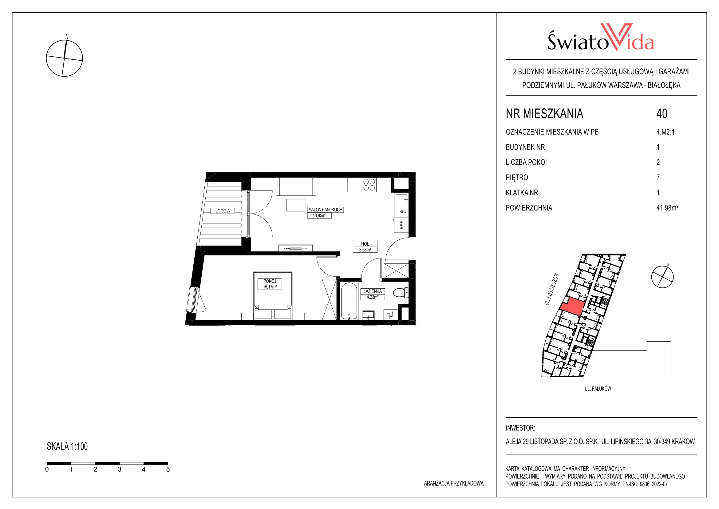 Mieszkanie 41,98 m², piętro 7, oferta nr 40, Osiedle ŚwiatoVida, Warszawa, Białołęka, Tarchomin, ul. Pałuków