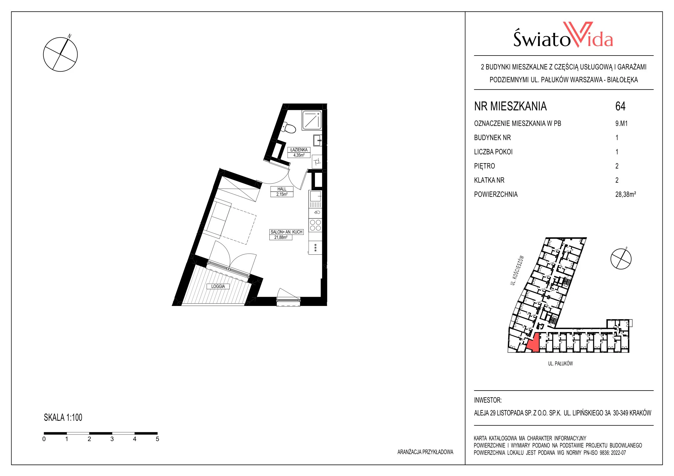 Mieszkanie 28,40 m², piętro 2, oferta nr 64, Osiedle ŚwiatoVida, Warszawa, Białołęka, Tarchomin, ul. Pałuków