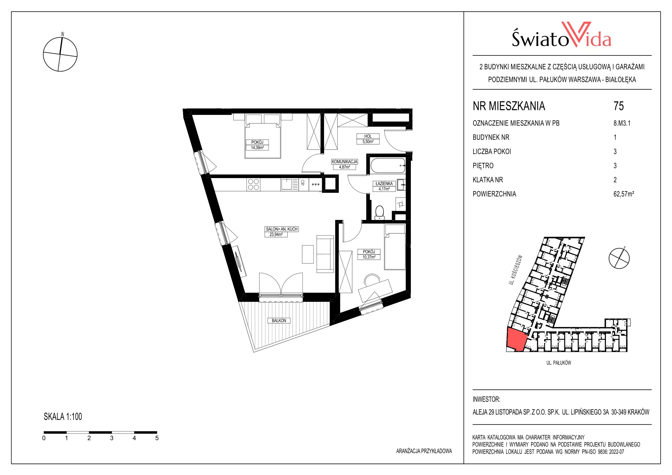 Mieszkanie 62,57 m², piętro 3, oferta nr 75, Osiedle ŚwiatoVida, Warszawa, Białołęka, Tarchomin, ul. Pałuków