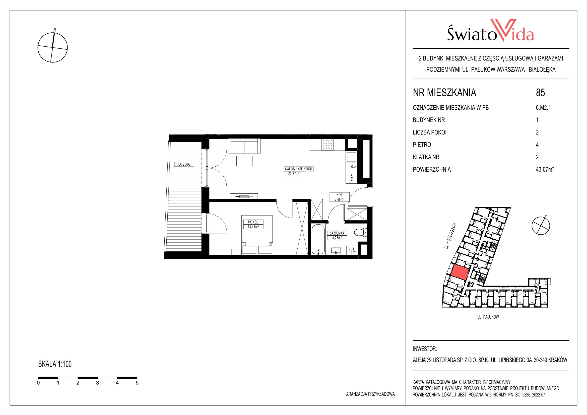 Mieszkanie 43,67 m², piętro 4, oferta nr 85, Osiedle ŚwiatoVida, Warszawa, Białołęka, Tarchomin, ul. Pałuków