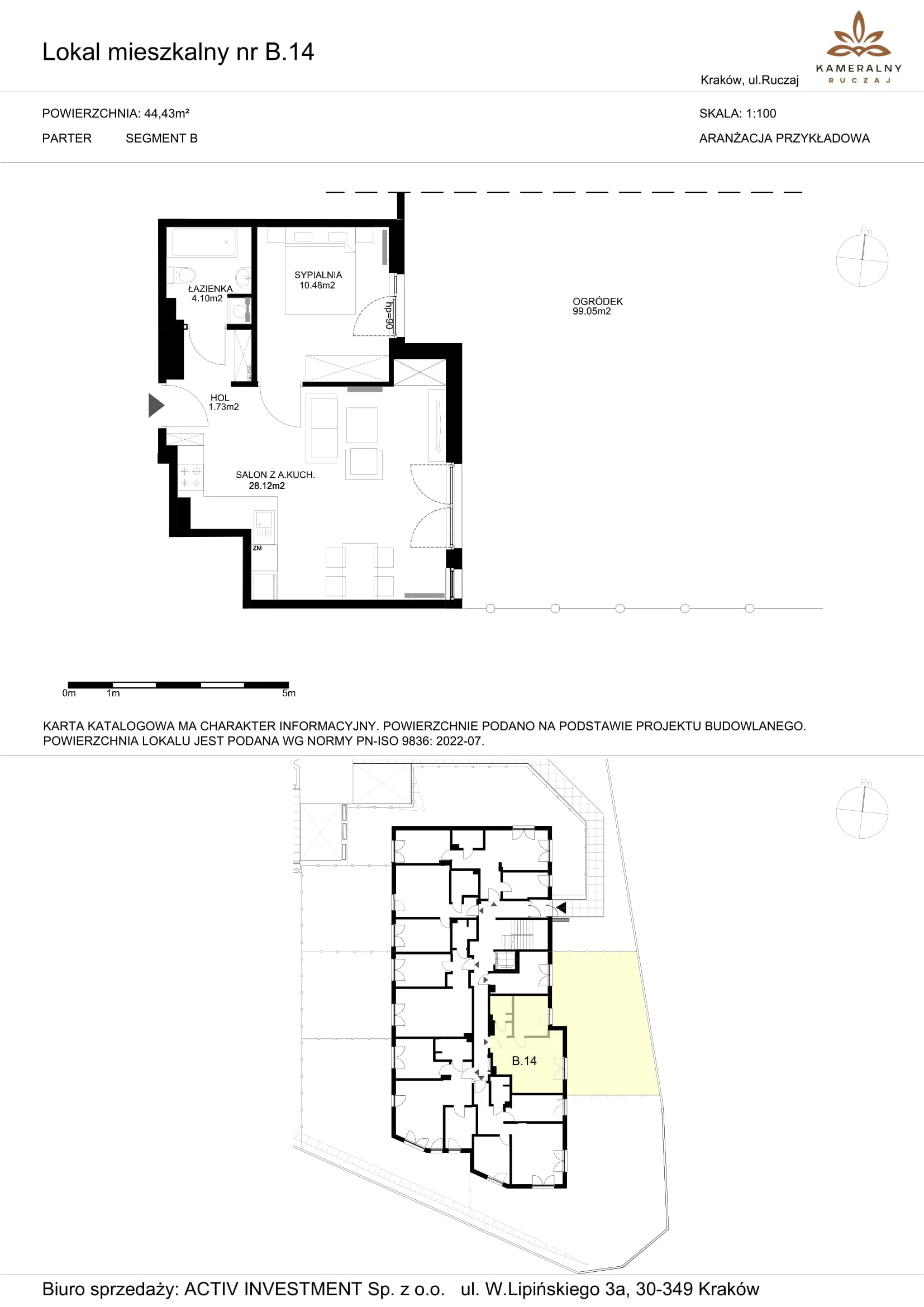 Mieszkanie 44,43 m², parter, oferta nr B.14, Kameralny Ruczaj, Kraków, Dębniki, Osiedle Ruczaj-Zaborze, ul. Ruczaj