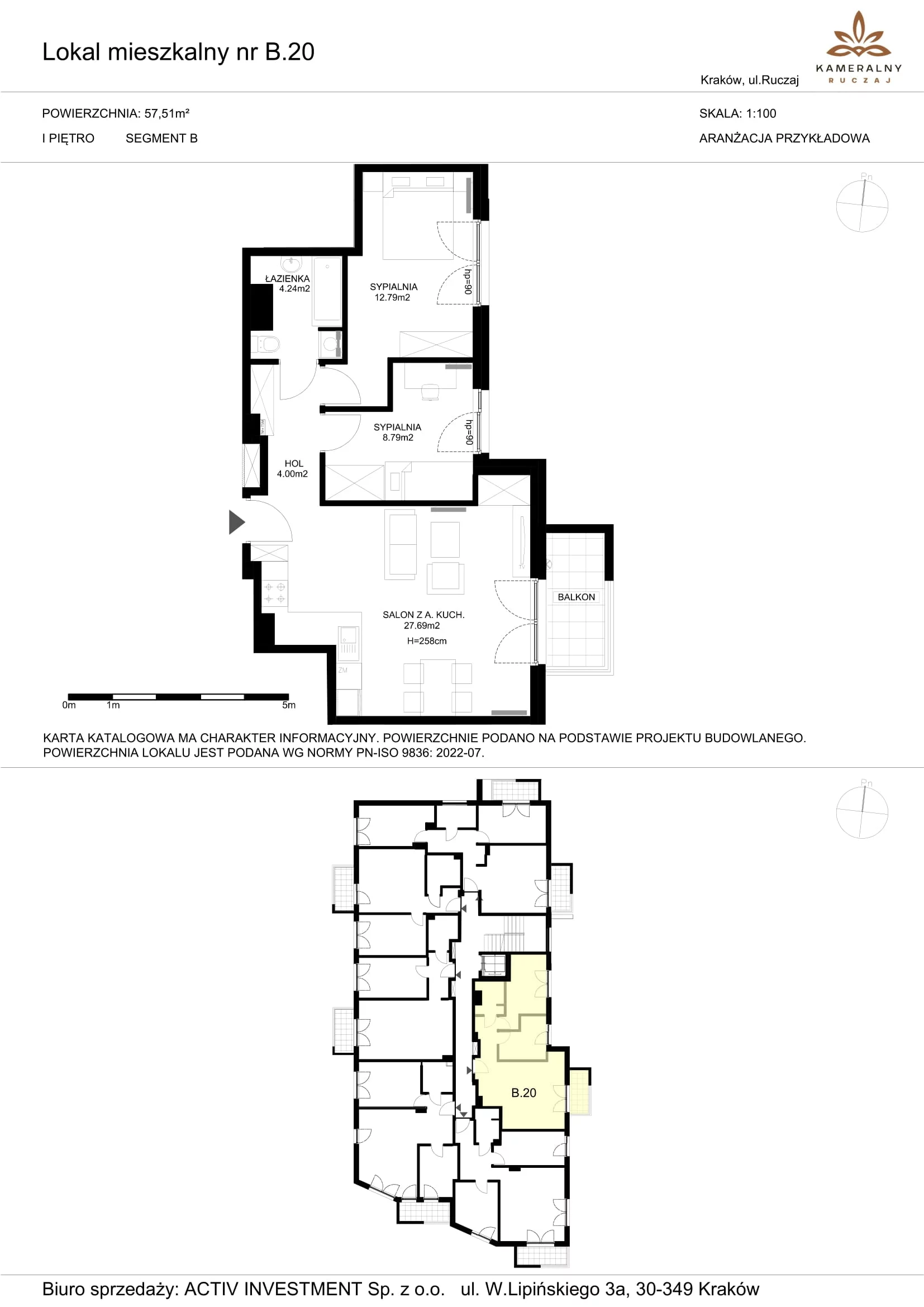 Mieszkanie 57,51 m², piętro 1, oferta nr B.20, Kameralny Ruczaj, Kraków, Dębniki, Osiedle Ruczaj-Zaborze, ul. Ruczaj