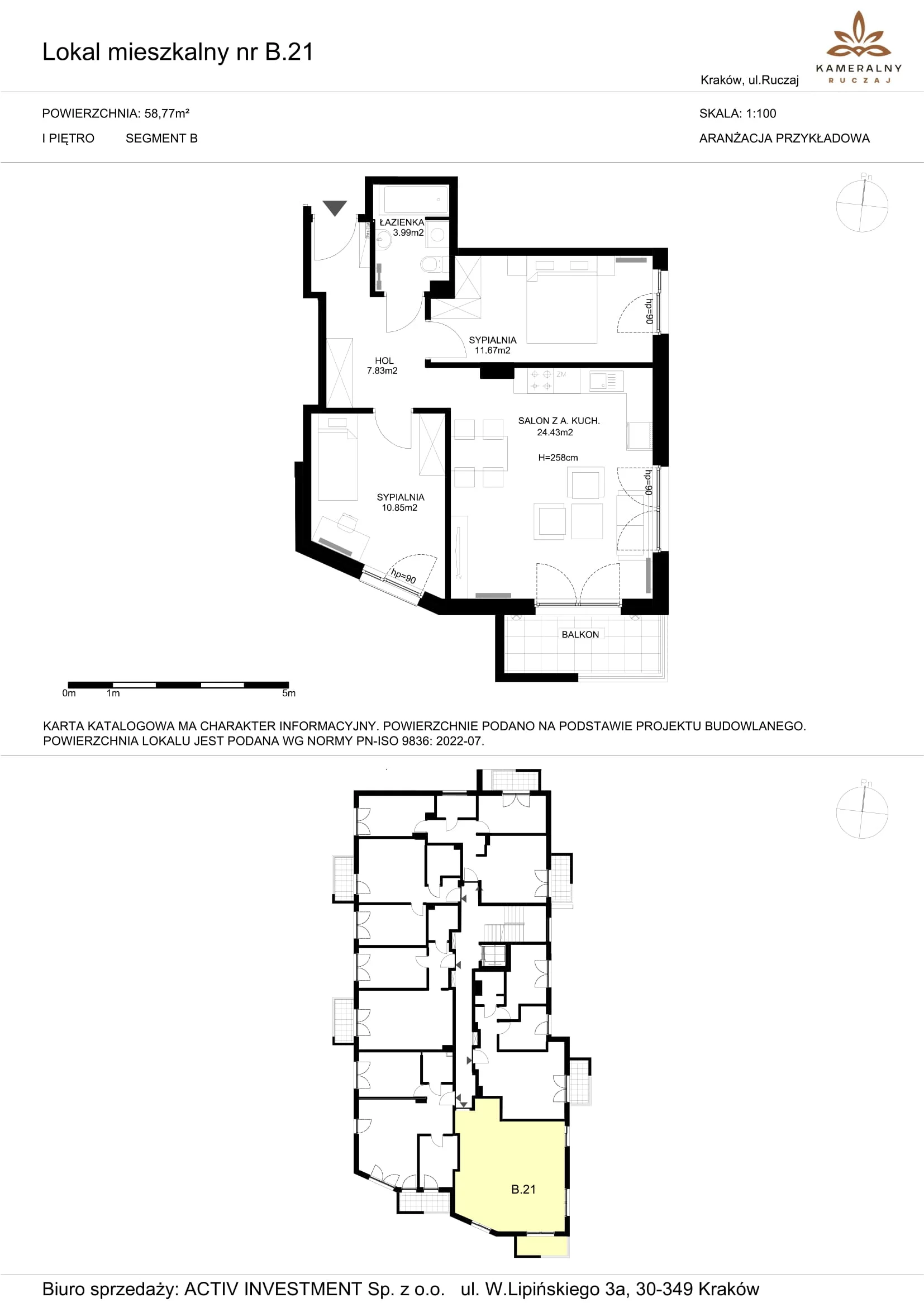 Mieszkanie 58,77 m², piętro 1, oferta nr B.21, Kameralny Ruczaj, Kraków, Dębniki, Osiedle Ruczaj-Zaborze, ul. Ruczaj