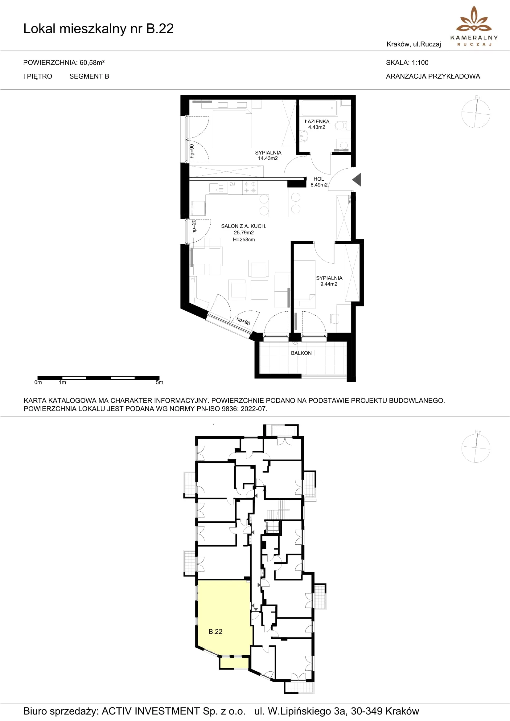 Mieszkanie 60,58 m², piętro 1, oferta nr B.22, Kameralny Ruczaj, Kraków, Dębniki, Osiedle Ruczaj-Zaborze, ul. Ruczaj