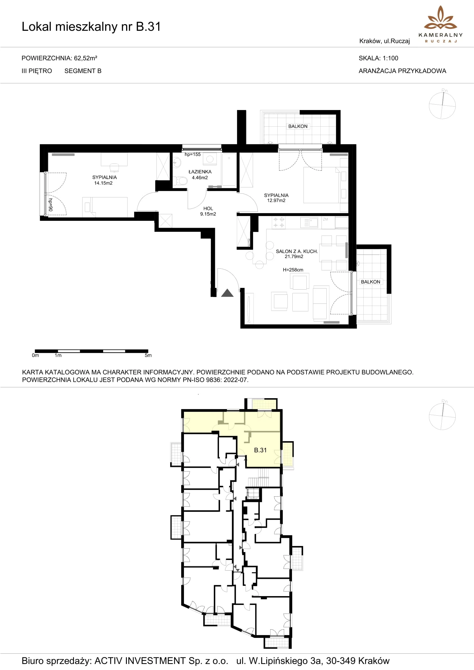 Mieszkanie 62,52 m², piętro 3, oferta nr B.31, Kameralny Ruczaj, Kraków, Dębniki, Osiedle Ruczaj-Zaborze, ul. Ruczaj