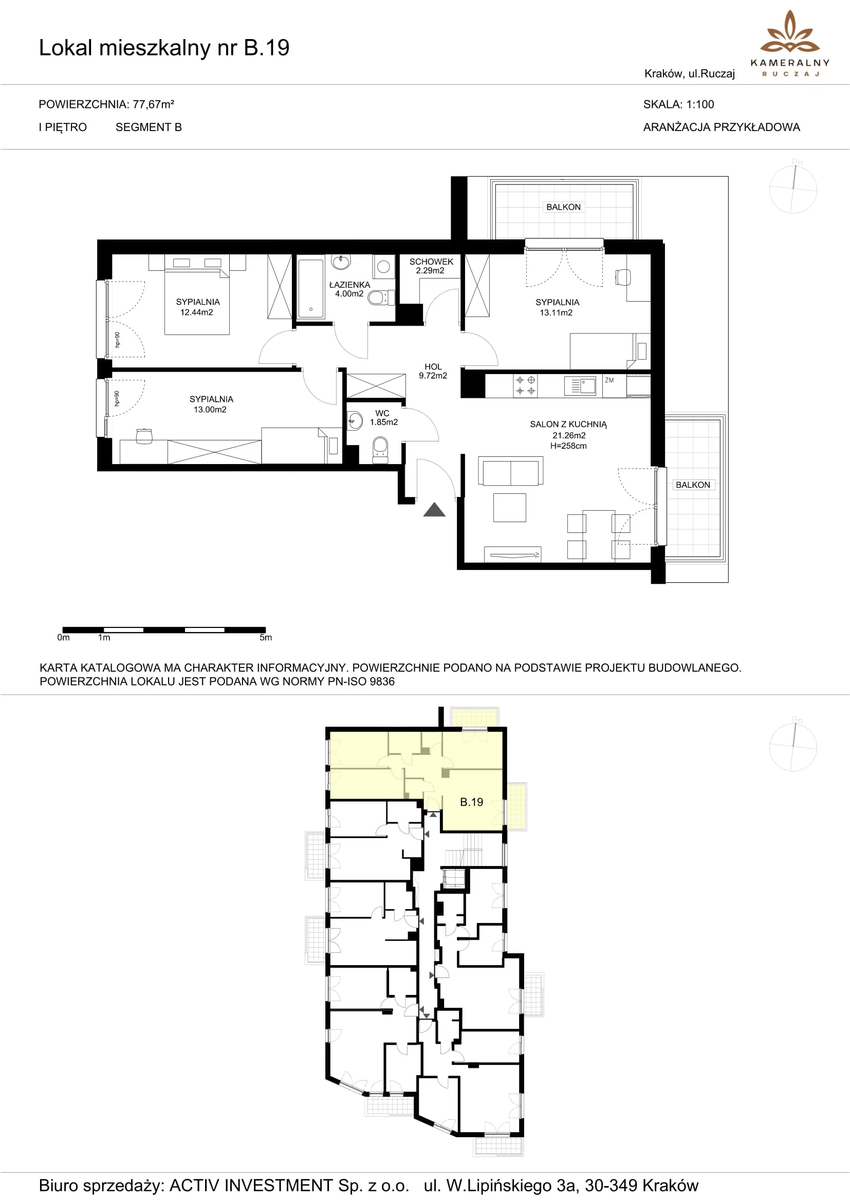 3 pokoje, mieszkanie 77,67 m², piętro 1, oferta nr B.19, Kameralny Ruczaj, Kraków, Dębniki, Osiedle Ruczaj-Zaborze, ul. Ruczaj