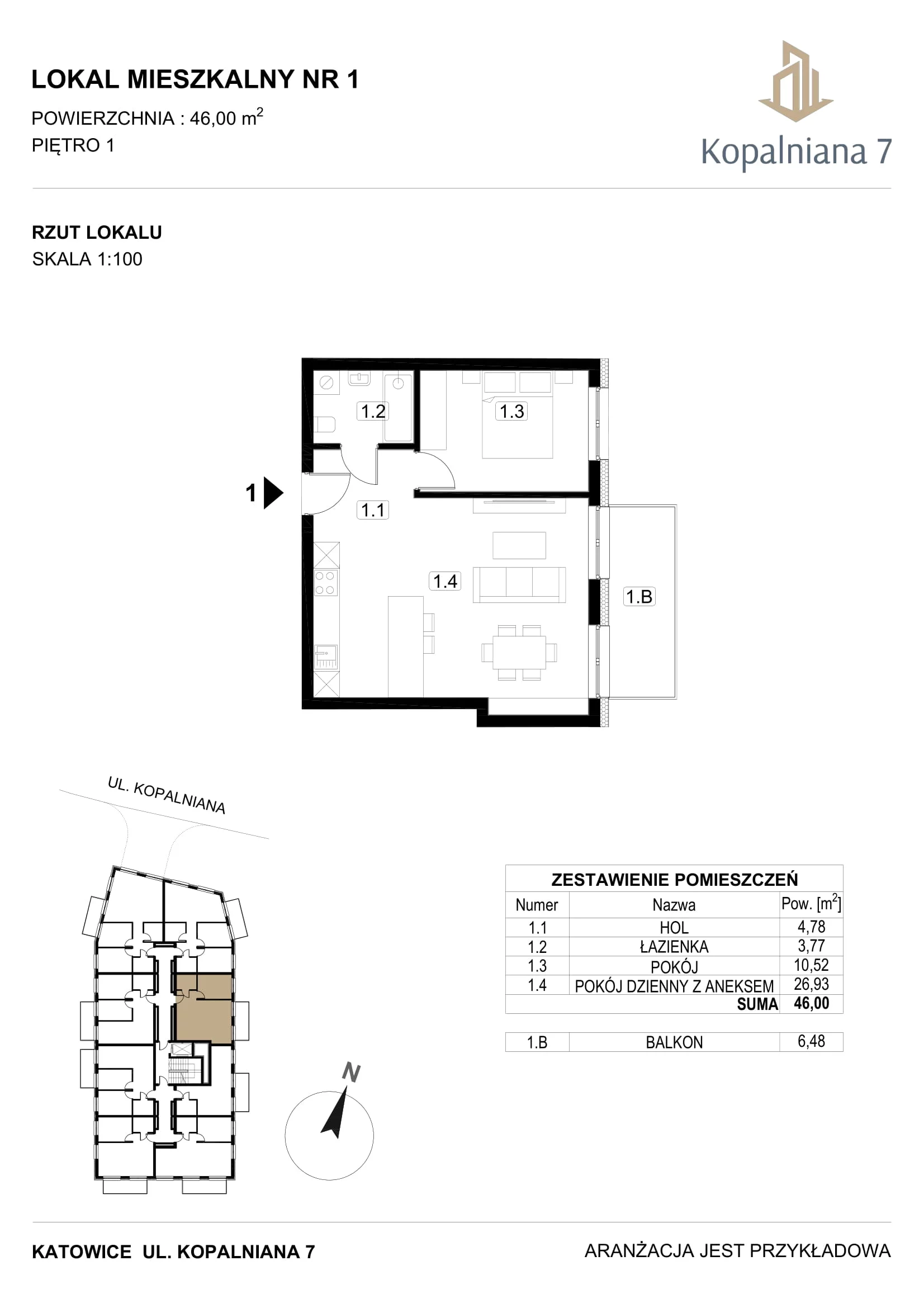 2 pokoje, mieszkanie 46,00 m², piętro 1, oferta nr 1, Kopalniana 7, Katowice, Bogucice, Bogucice, ul. Kopalniana 7