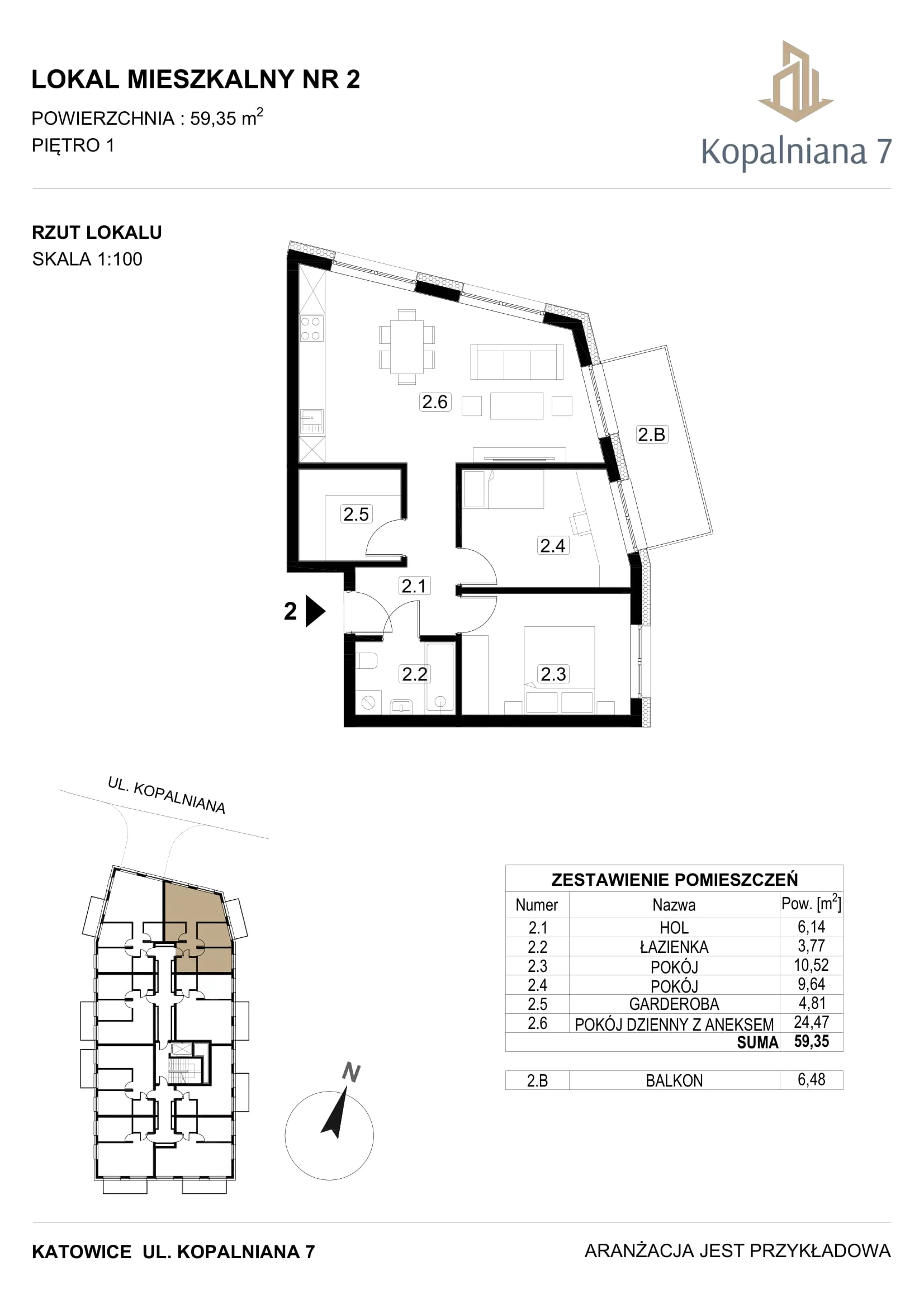 3 pokoje, mieszkanie 59,35 m², piętro 1, oferta nr 2, Kopalniana 7, Katowice, Bogucice, Bogucice, ul. Kopalniana 7