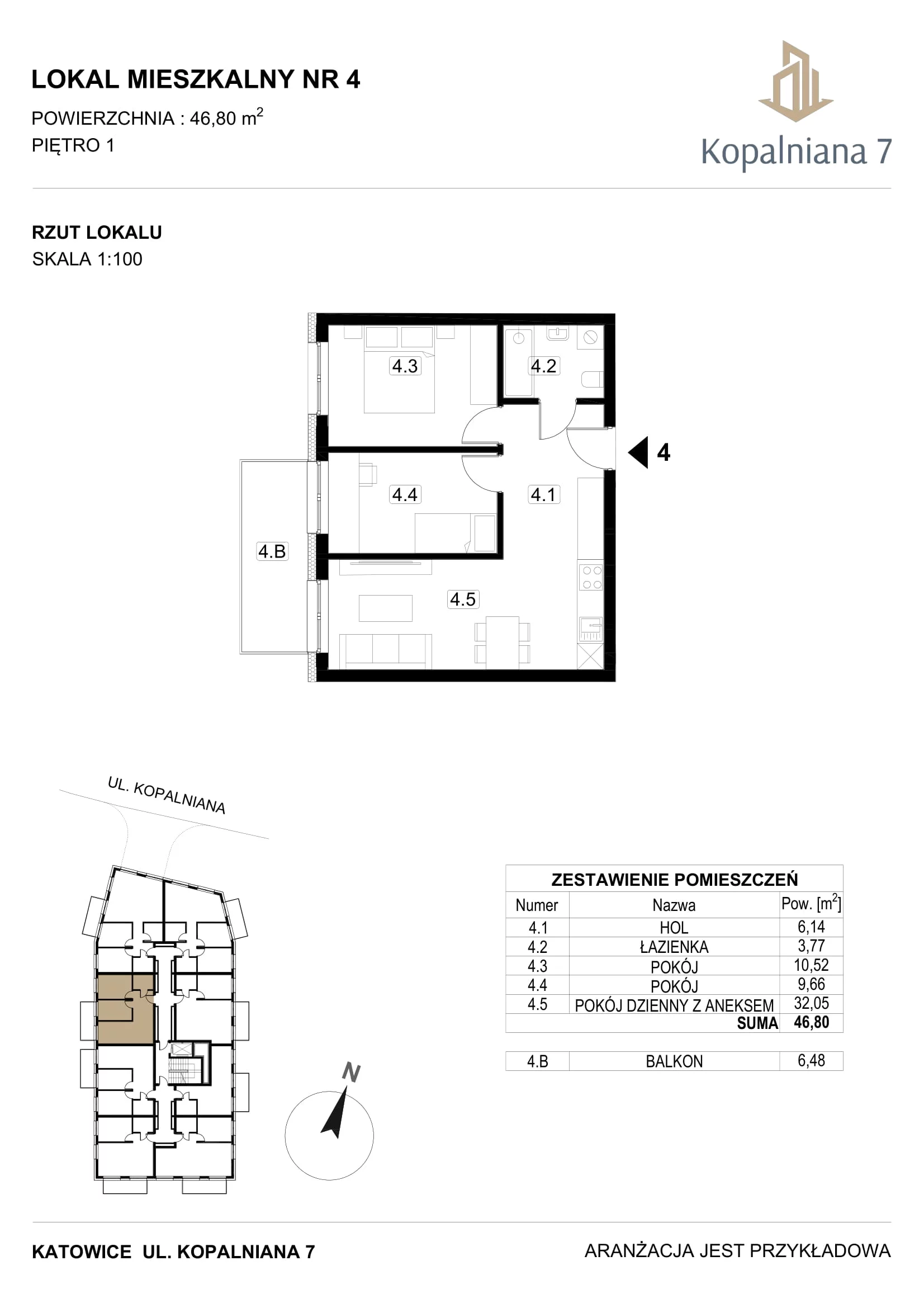 3 pokoje, mieszkanie 46,80 m², piętro 1, oferta nr 4, Kopalniana 7, Katowice, Bogucice, Bogucice, ul. Kopalniana 7