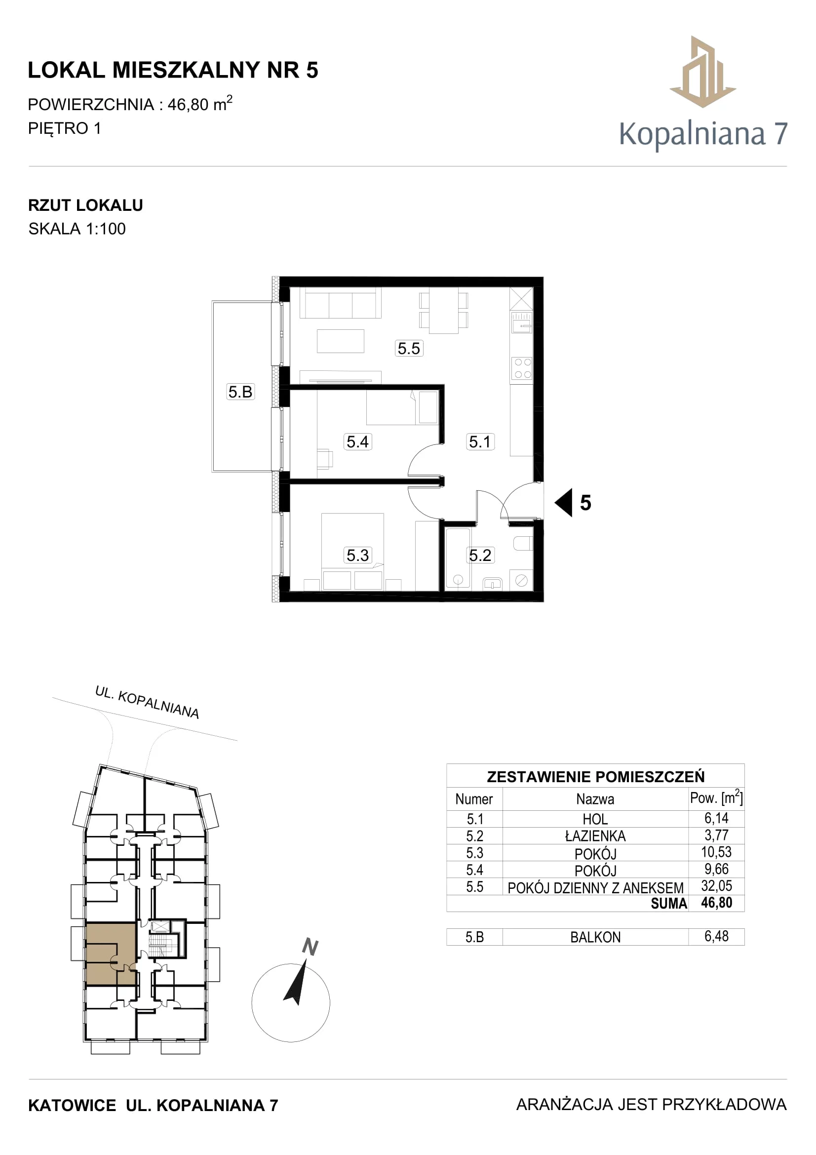 3 pokoje, mieszkanie 46,80 m², piętro 1, oferta nr 5, Kopalniana 7, Katowice, Bogucice, Bogucice, ul. Kopalniana 7