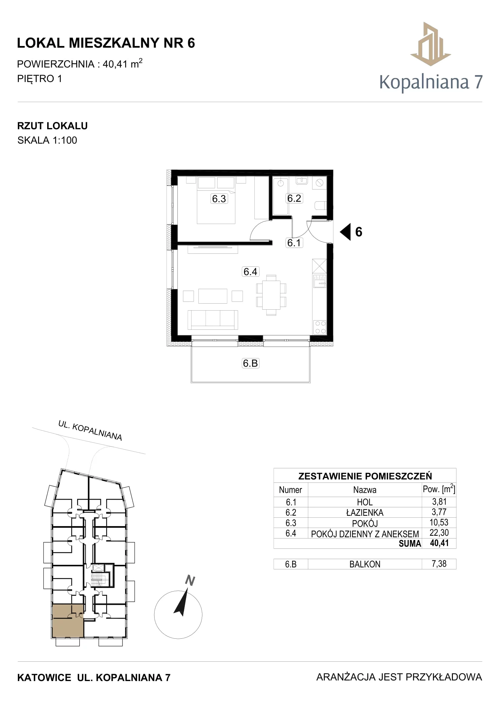 2 pokoje, mieszkanie 40,41 m², piętro 1, oferta nr 6, Kopalniana 7, Katowice, Bogucice, Bogucice, ul. Kopalniana 7