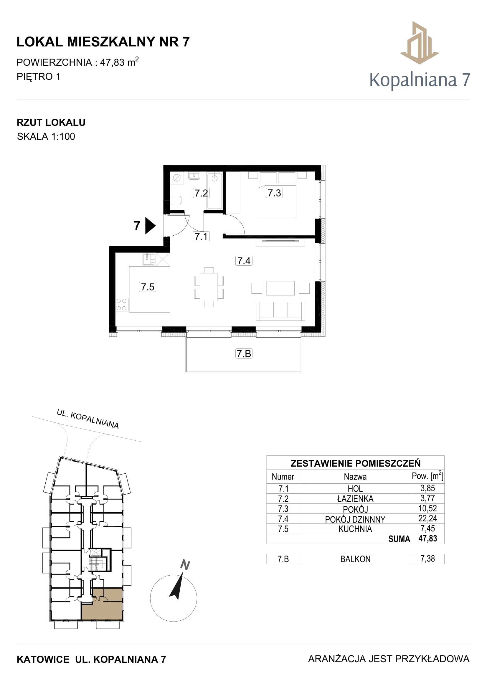 2 pokoje, mieszkanie 47,83 m², piętro 1, oferta nr 7, Kopalniana 7, Katowice, Bogucice, Bogucice, ul. Kopalniana 7