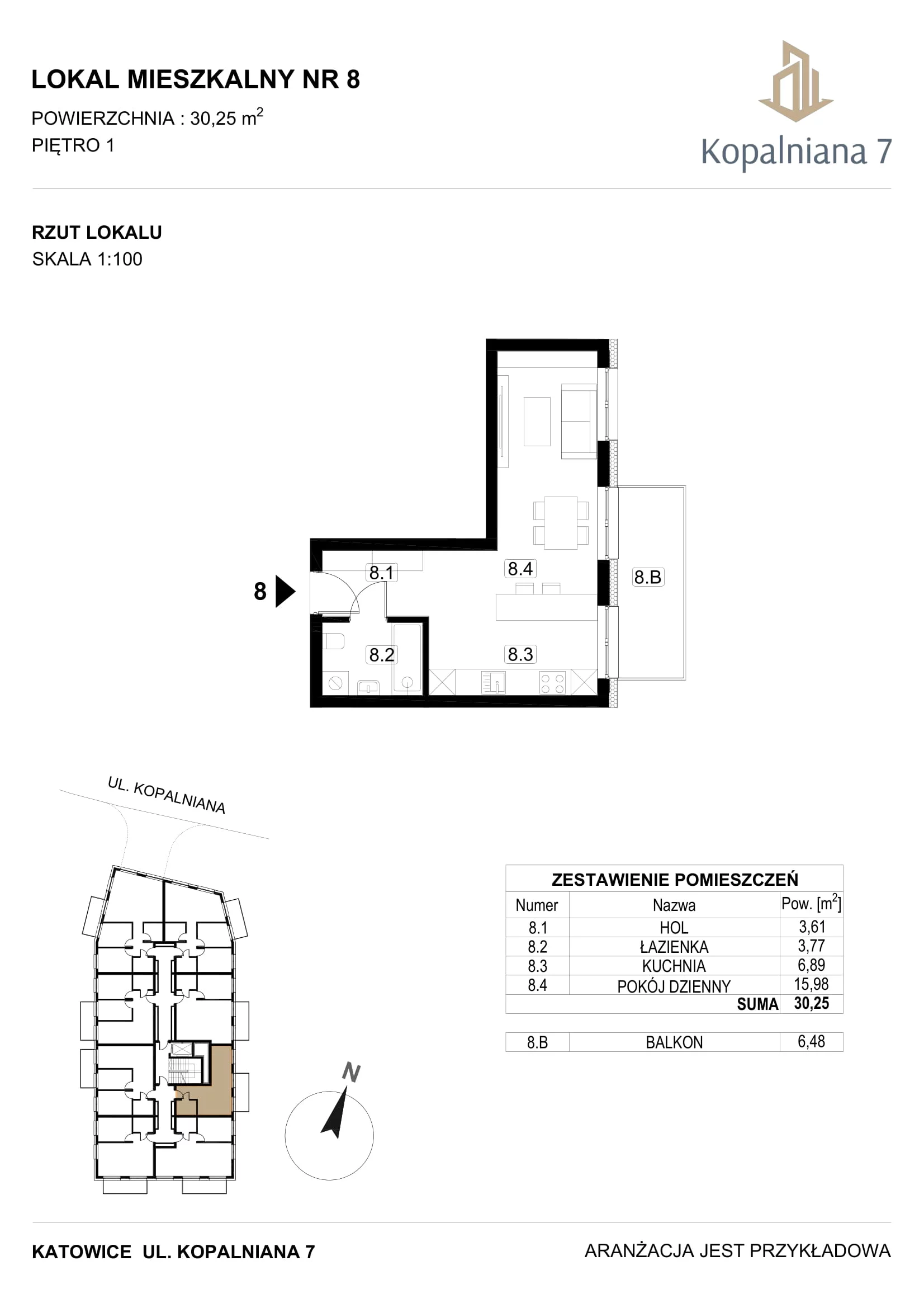 1 pokój, mieszkanie 30,25 m², piętro 1, oferta nr 8, Kopalniana 7, Katowice, Bogucice, Bogucice, ul. Kopalniana 7