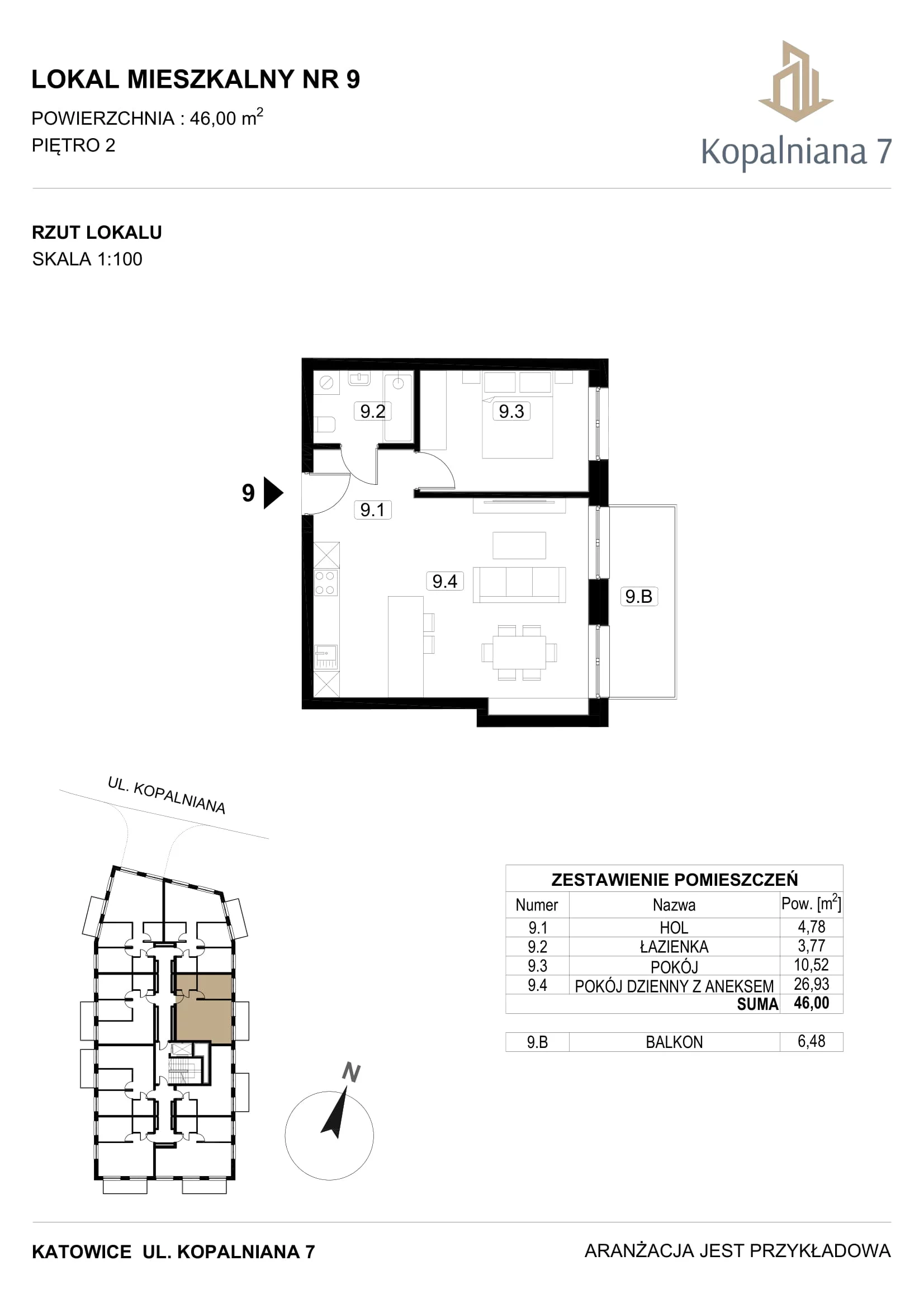 2 pokoje, mieszkanie 46,00 m², piętro 2, oferta nr 9, Kopalniana 7, Katowice, Bogucice, Bogucice, ul. Kopalniana 7