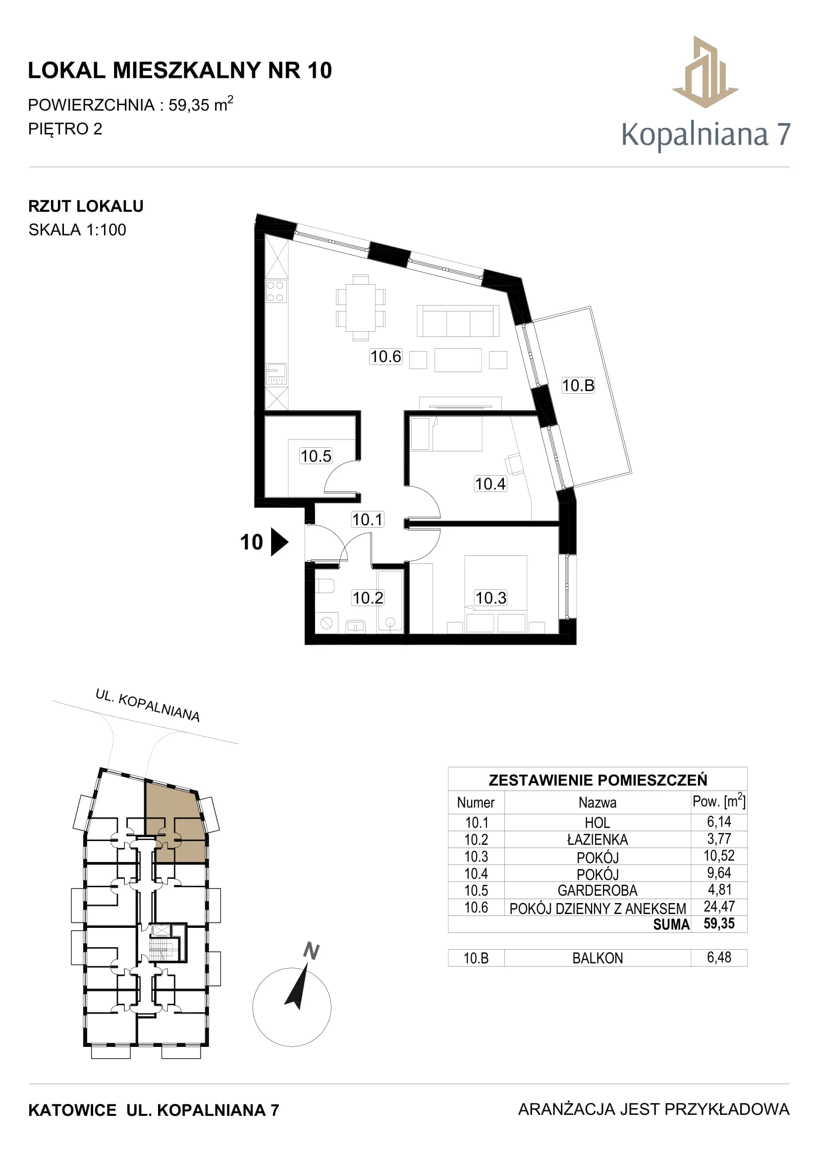 3 pokoje, mieszkanie 59,35 m², piętro 2, oferta nr 10, Kopalniana 7, Katowice, Bogucice, Bogucice, ul. Kopalniana 7