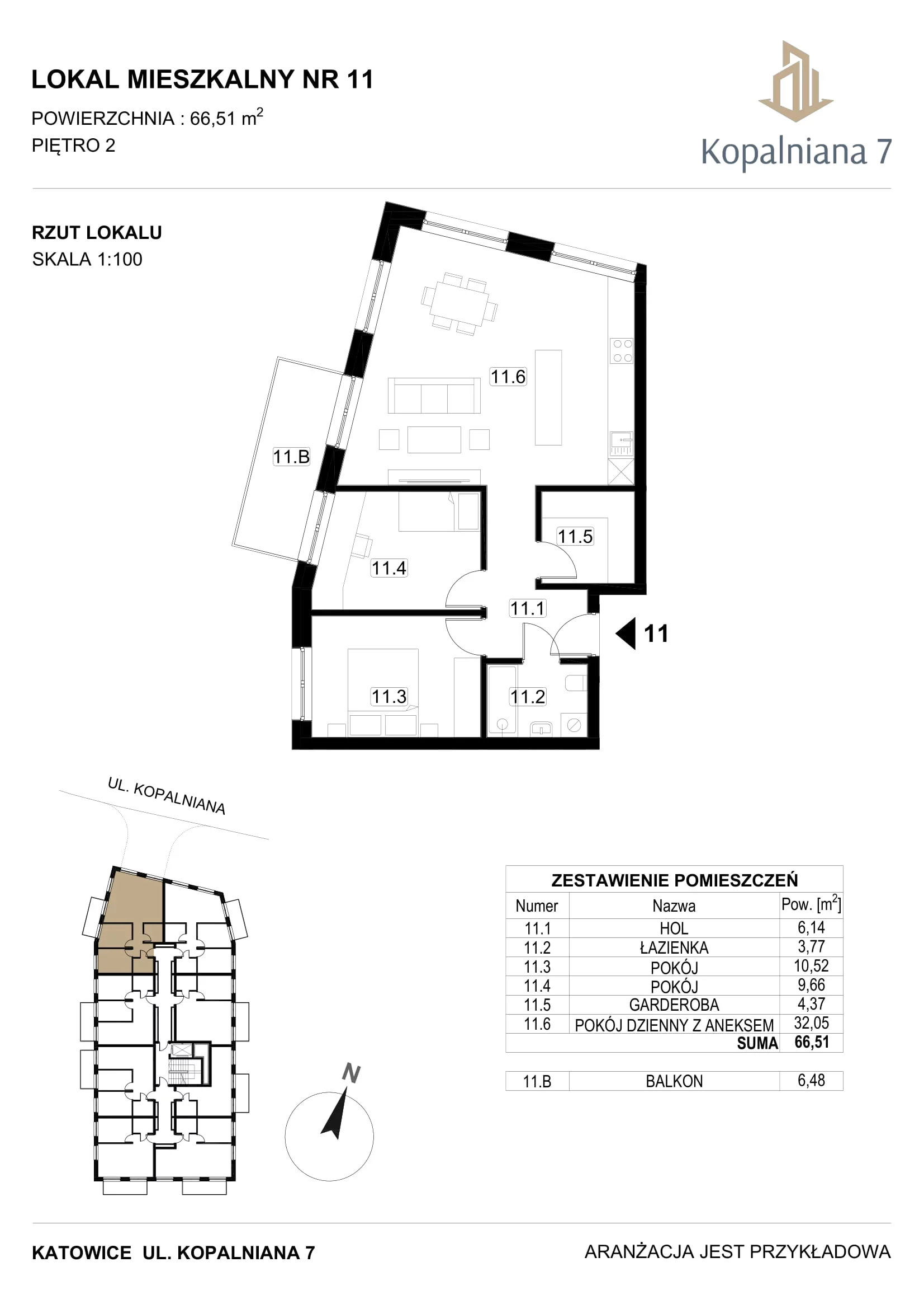 3 pokoje, mieszkanie 66,51 m², piętro 2, oferta nr 11, Kopalniana 7, Katowice, Bogucice, Bogucice, ul. Kopalniana 7