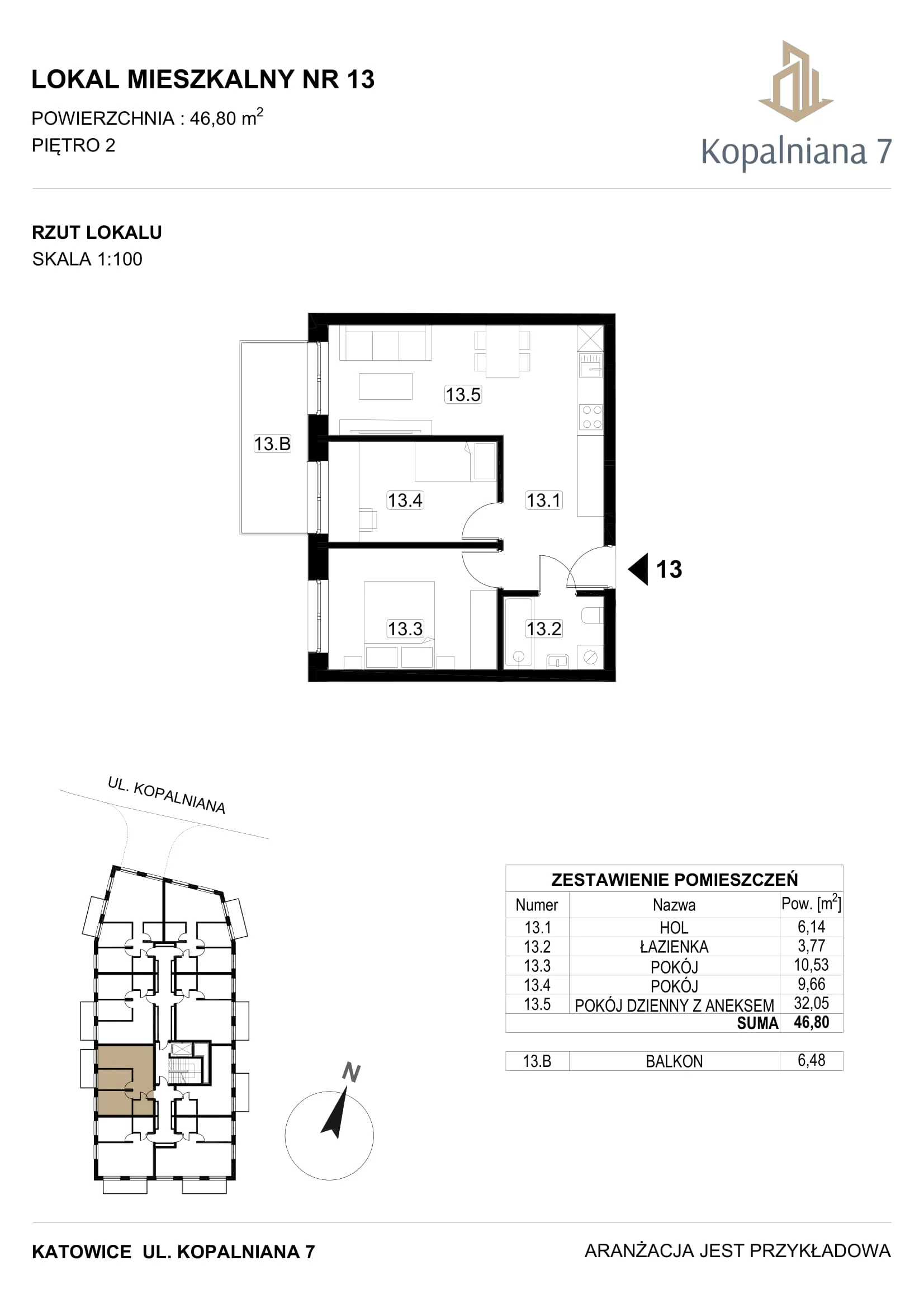 3 pokoje, mieszkanie 46,80 m², piętro 2, oferta nr 13, Kopalniana 7, Katowice, Bogucice, Bogucice, ul. Kopalniana 7