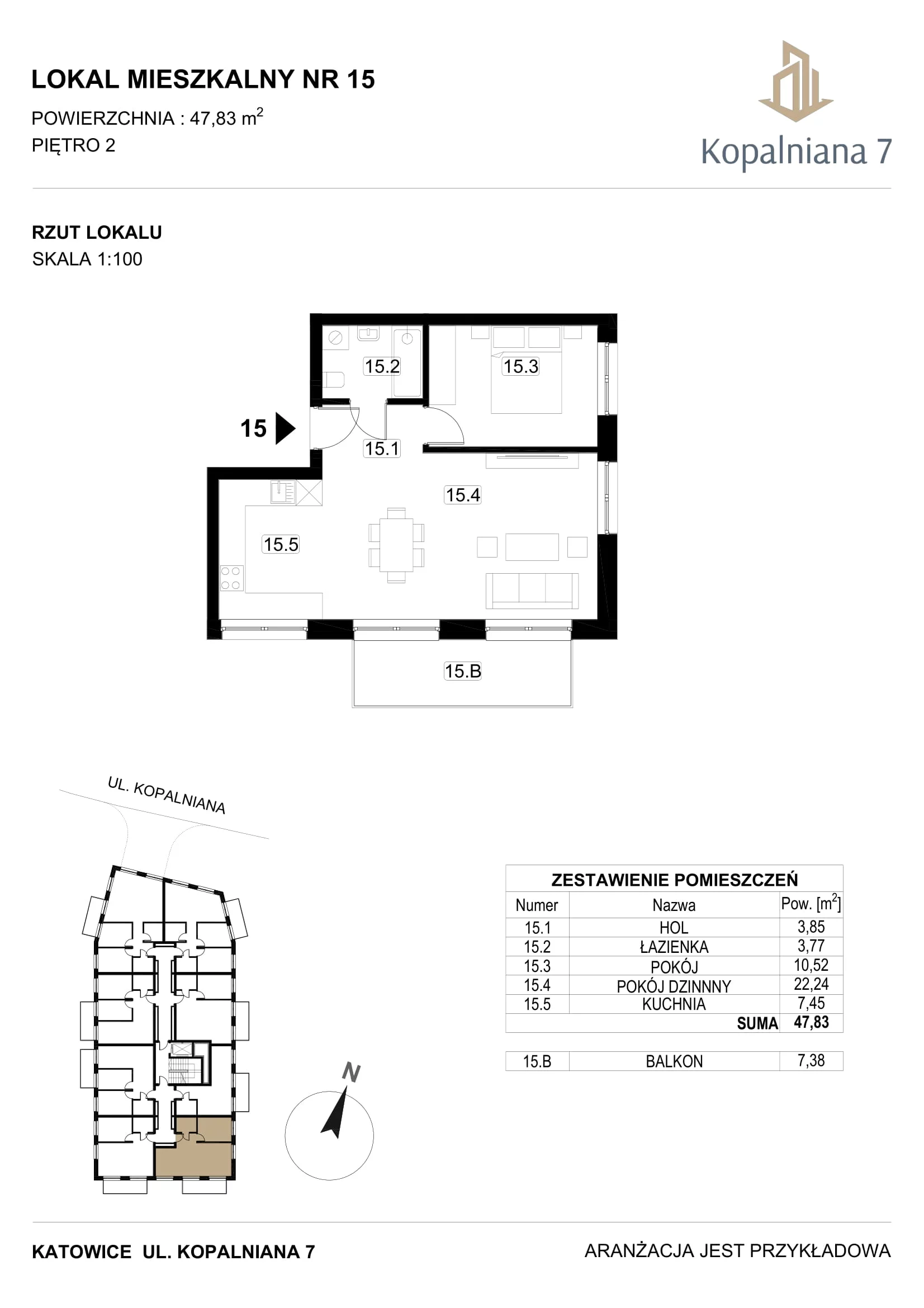 2 pokoje, mieszkanie 47,83 m², piętro 2, oferta nr 15, Kopalniana 7, Katowice, Bogucice, Bogucice, ul. Kopalniana 7