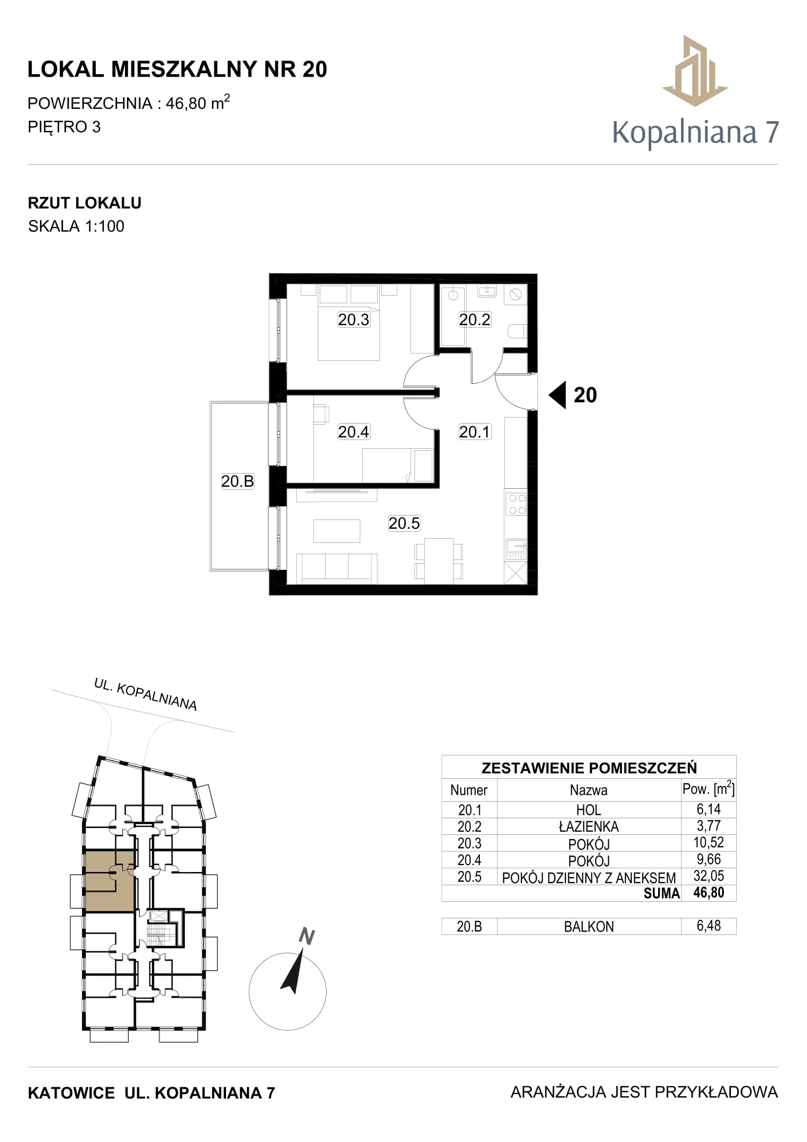 3 pokoje, mieszkanie 46,80 m², piętro 3, oferta nr 20, Kopalniana 7, Katowice, Bogucice, Bogucice, ul. Kopalniana 7