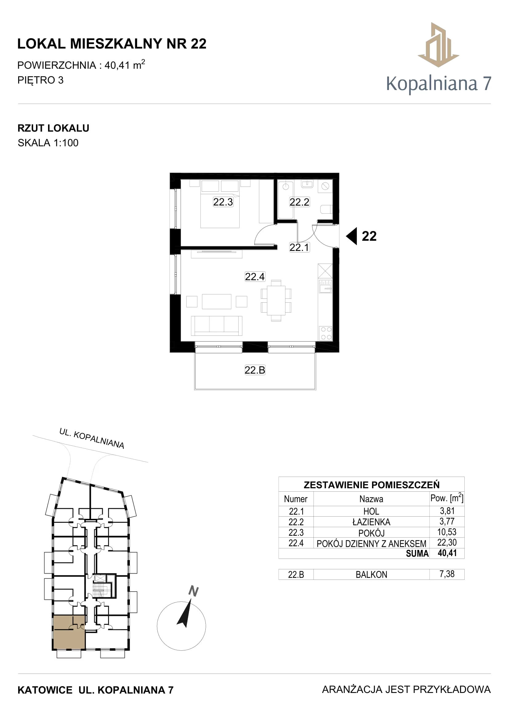 2 pokoje, mieszkanie 40,41 m², piętro 3, oferta nr 22, Kopalniana 7, Katowice, Bogucice, Bogucice, ul. Kopalniana 7