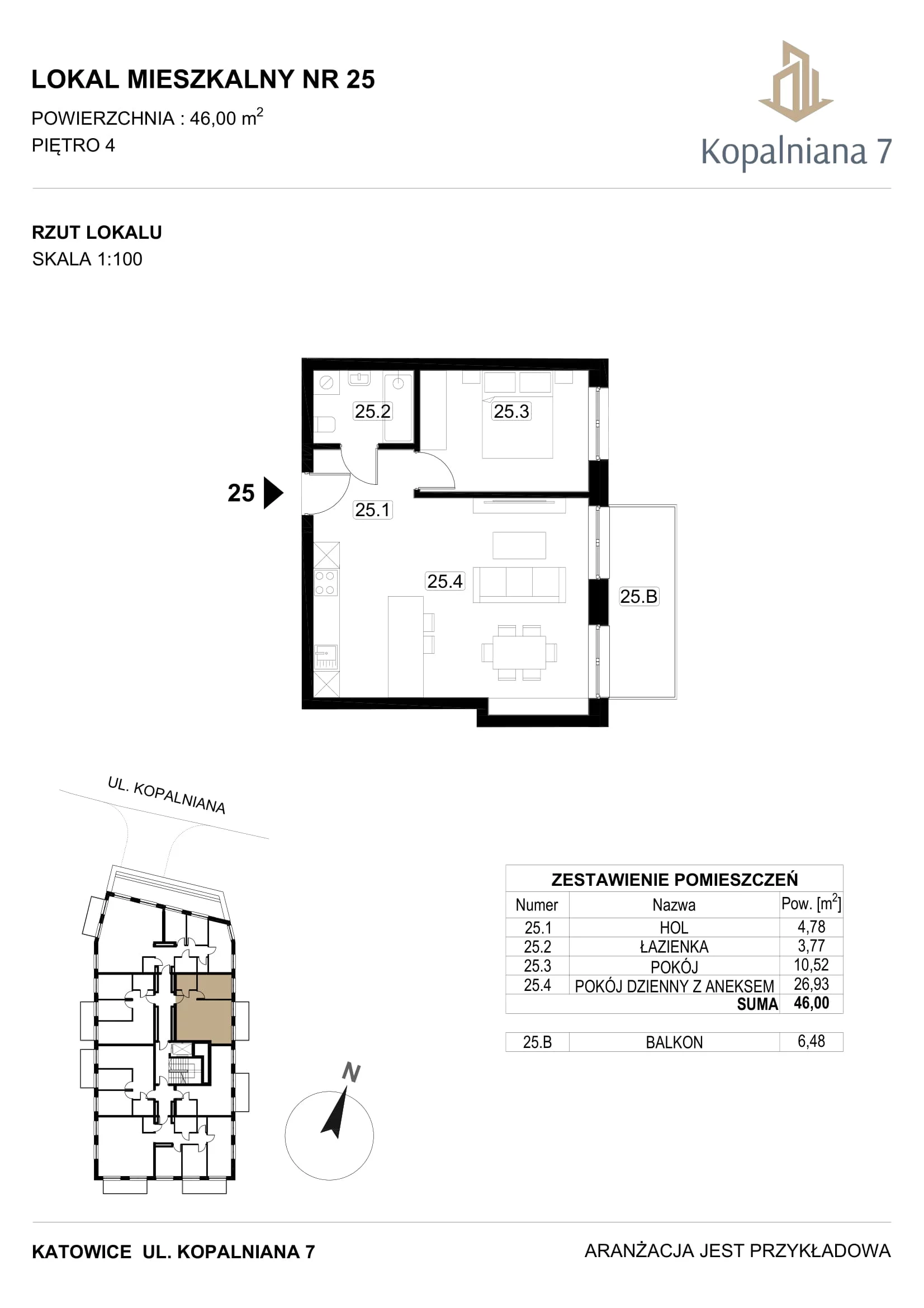 2 pokoje, mieszkanie 46,00 m², piętro 4, oferta nr 25, Kopalniana 7, Katowice, Bogucice, Bogucice, ul. Kopalniana 7