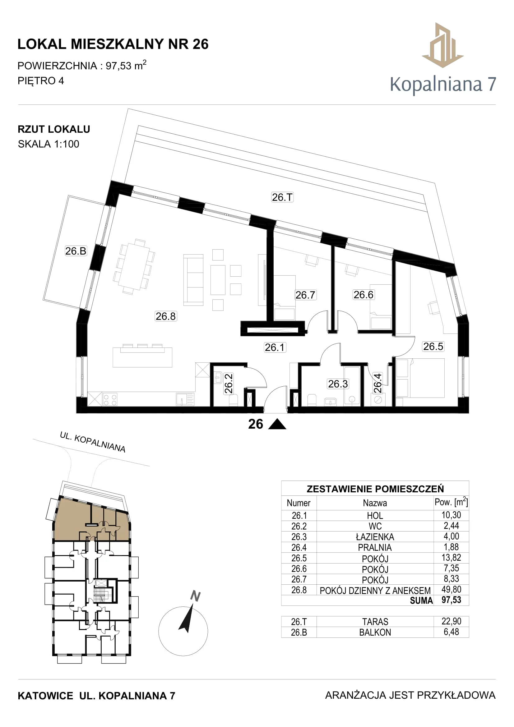 4 pokoje, mieszkanie 97,53 m², piętro 4, oferta nr 26, Kopalniana 7, Katowice, Bogucice, Bogucice, ul. Kopalniana 7