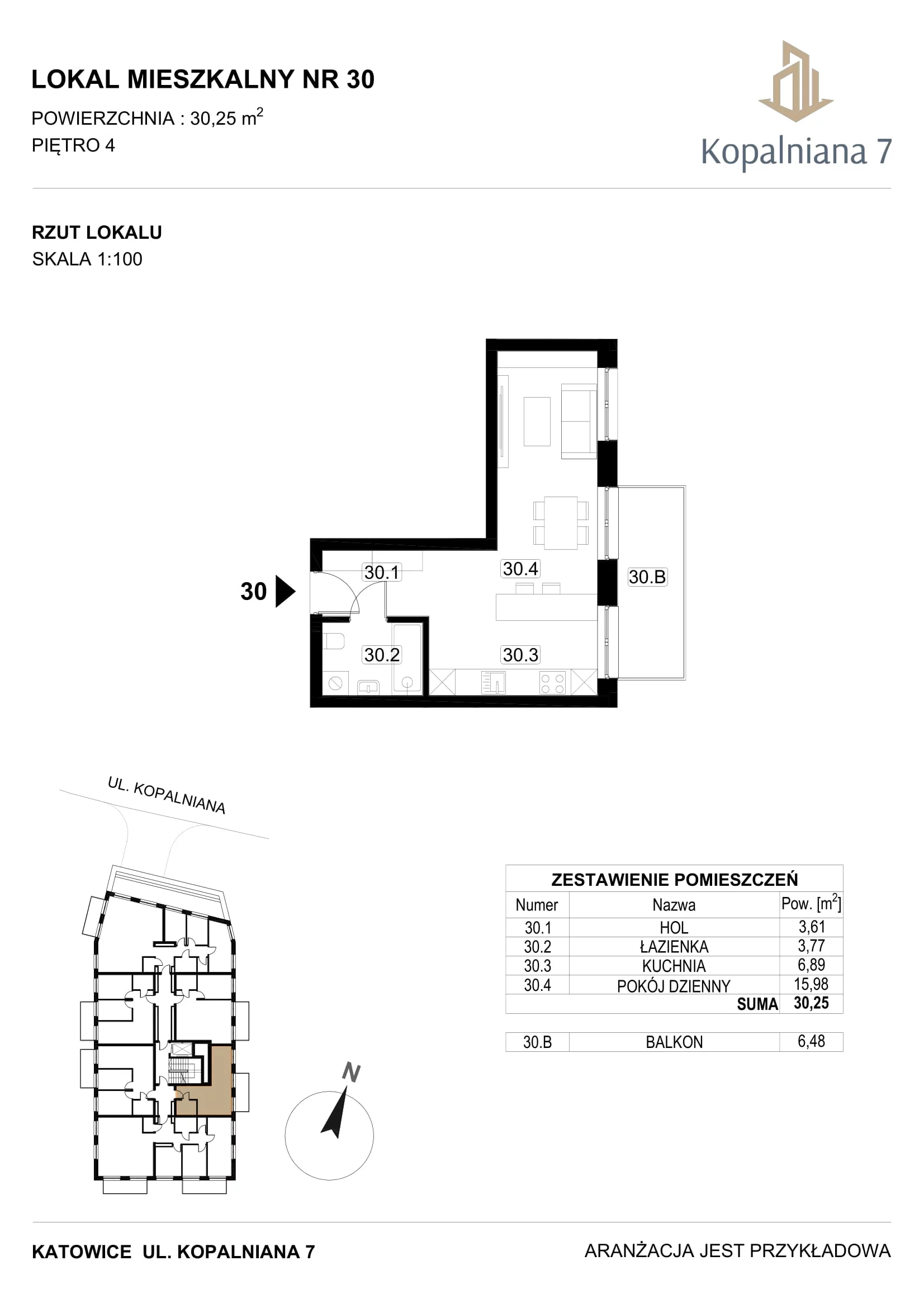 1 pokój, mieszkanie 30,25 m², piętro 4, oferta nr 30, Kopalniana 7, Katowice, Bogucice, Bogucice, ul. Kopalniana 7