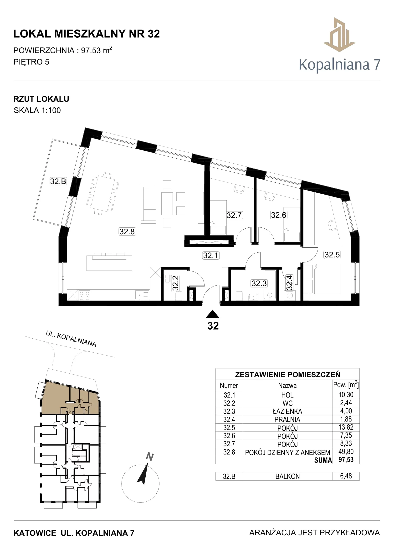 4 pokoje, mieszkanie 97,53 m², piętro 5, oferta nr 32, Kopalniana 7, Katowice, Bogucice, Bogucice, ul. Kopalniana 7