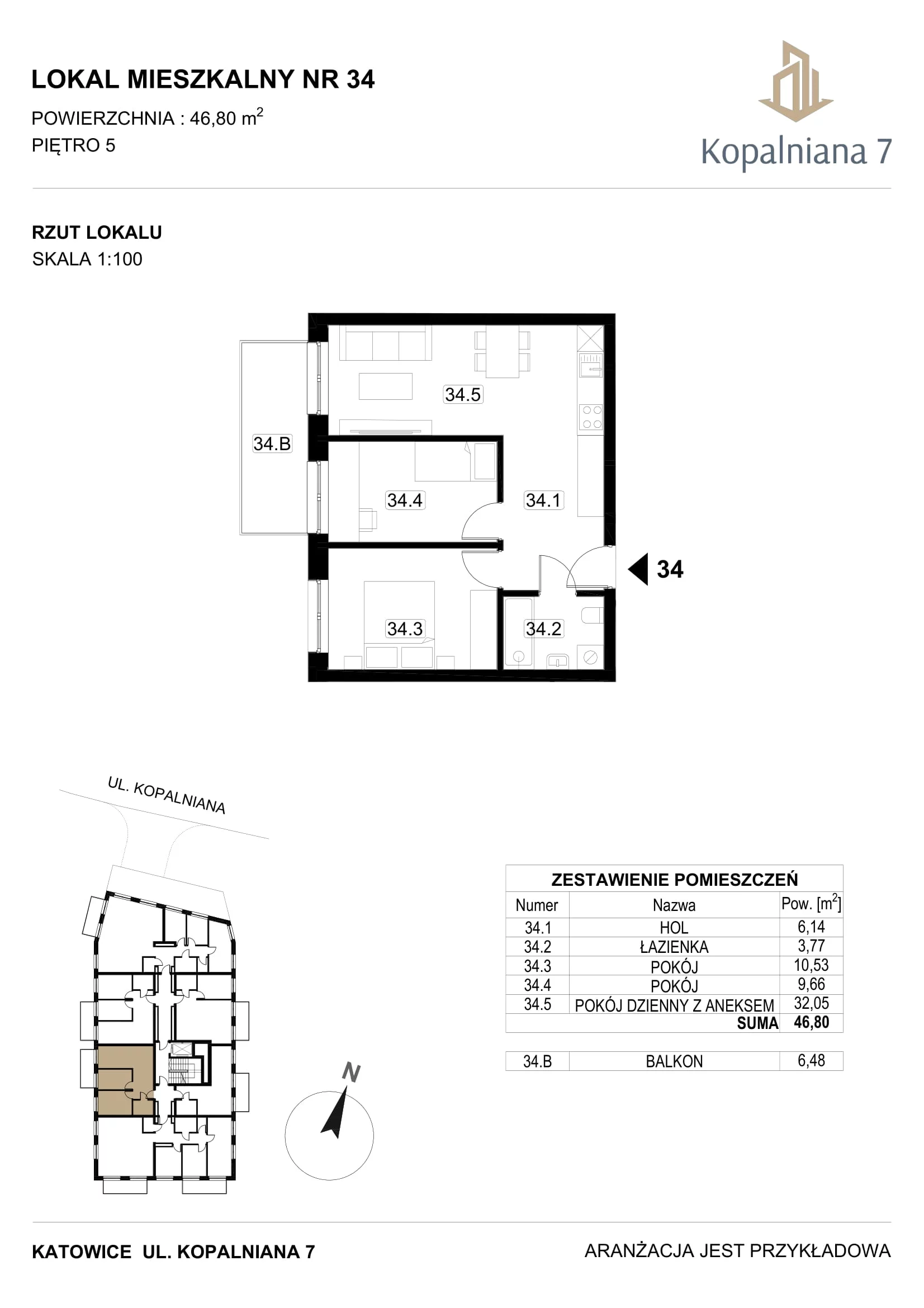 3 pokoje, mieszkanie 46,80 m², piętro 5, oferta nr 34, Kopalniana 7, Katowice, Bogucice, Bogucice, ul. Kopalniana 7