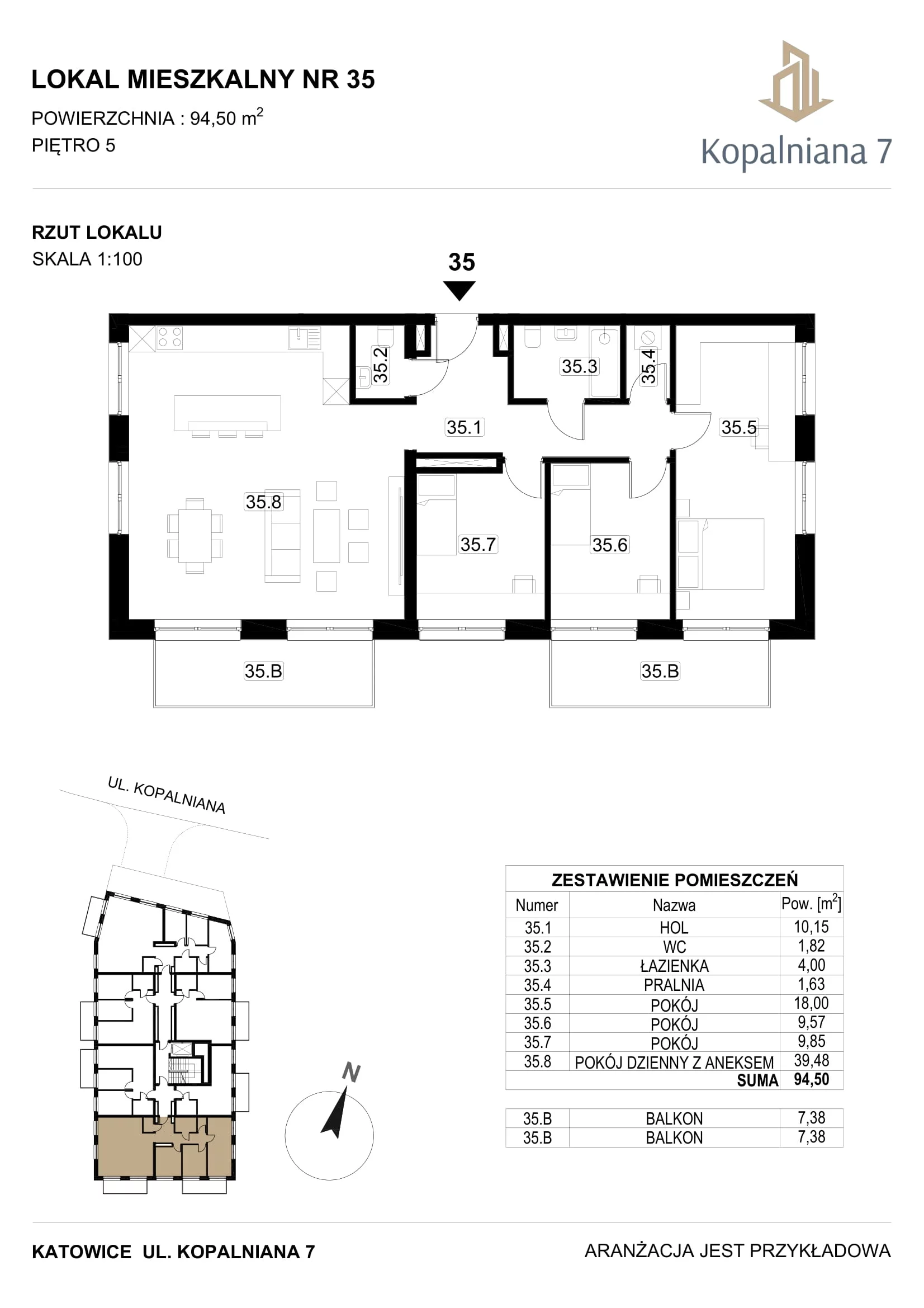 4 pokoje, mieszkanie 94,50 m², piętro 5, oferta nr 35, Kopalniana 7, Katowice, Bogucice, Bogucice, ul. Kopalniana 7