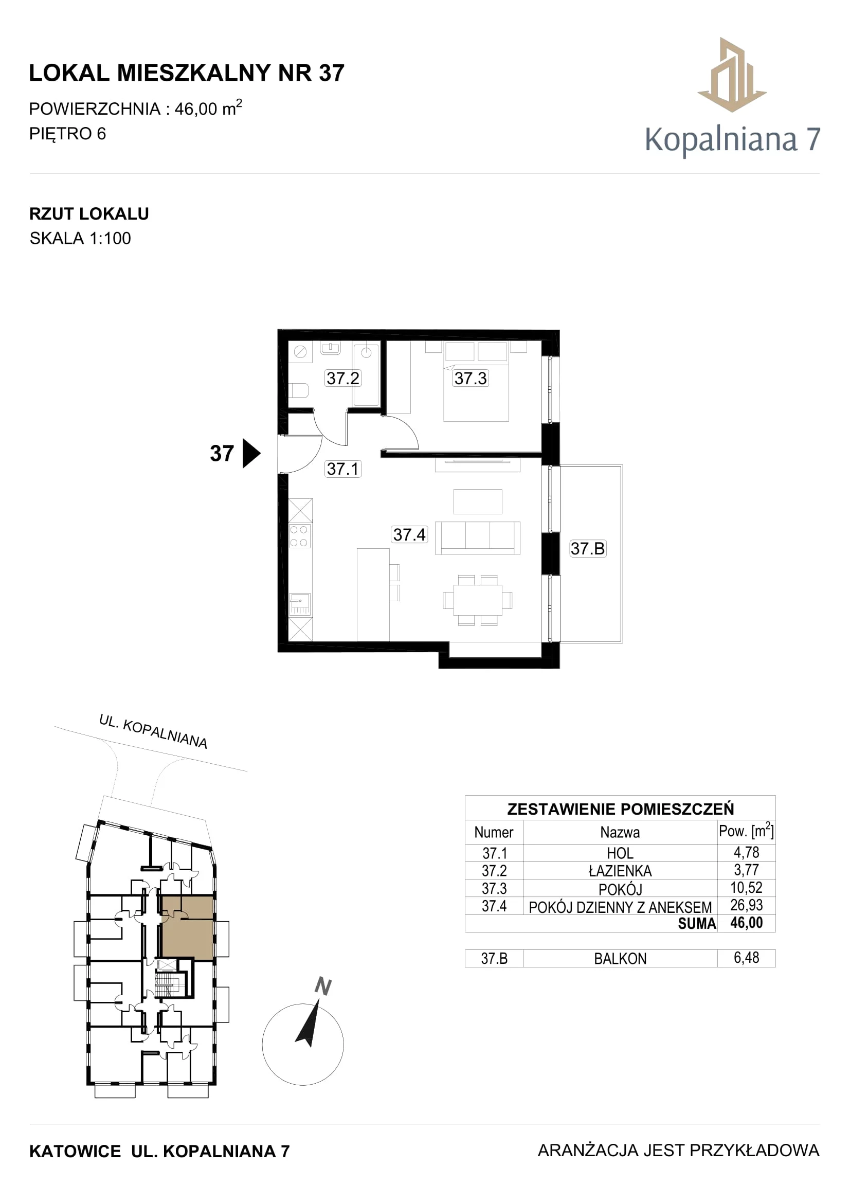 2 pokoje, mieszkanie 46,00 m², piętro 6, oferta nr 37, Kopalniana 7, Katowice, Bogucice, Bogucice, ul. Kopalniana 7