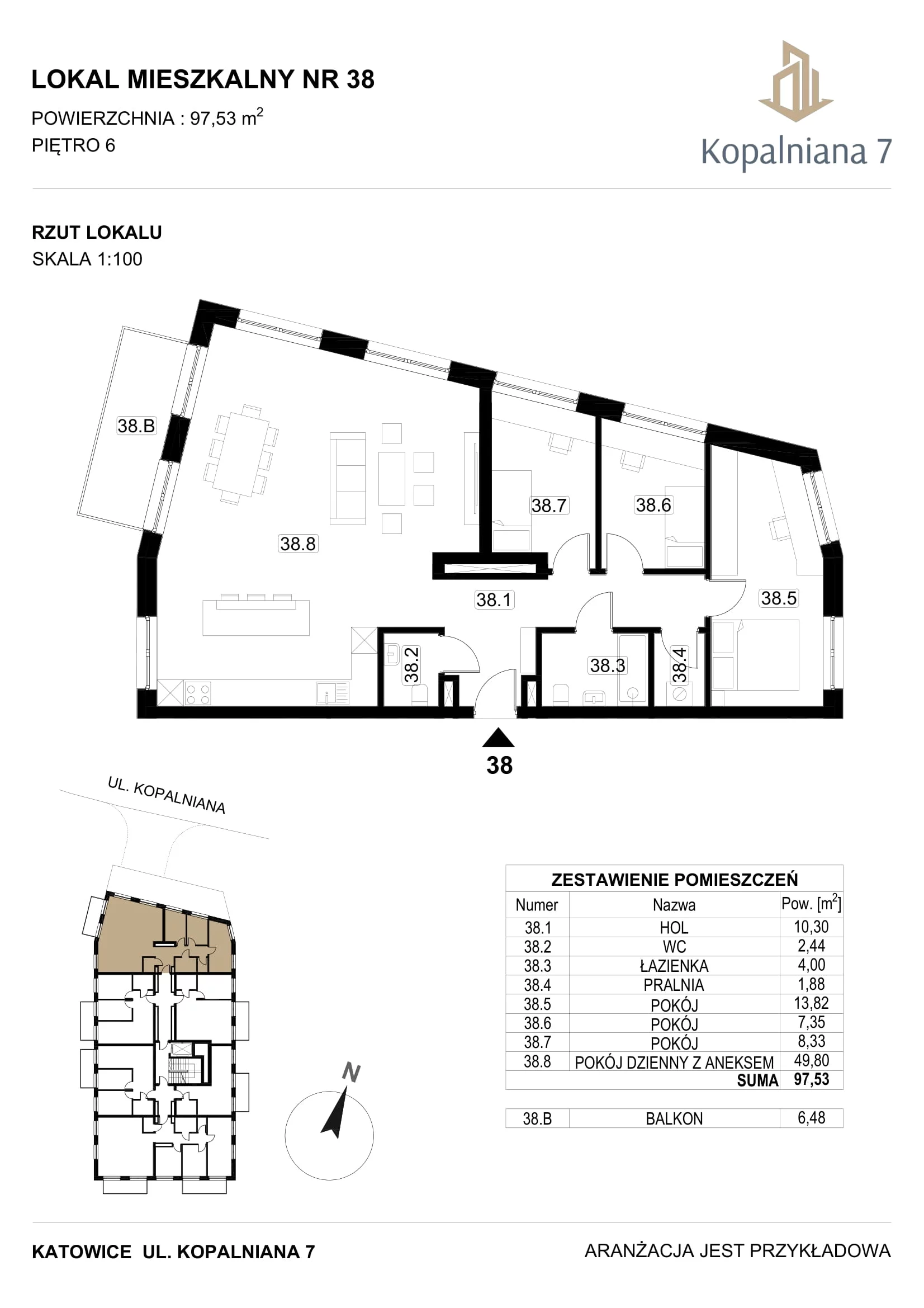 4 pokoje, mieszkanie 97,53 m², piętro 6, oferta nr 38, Kopalniana 7, Katowice, Bogucice, Bogucice, ul. Kopalniana 7