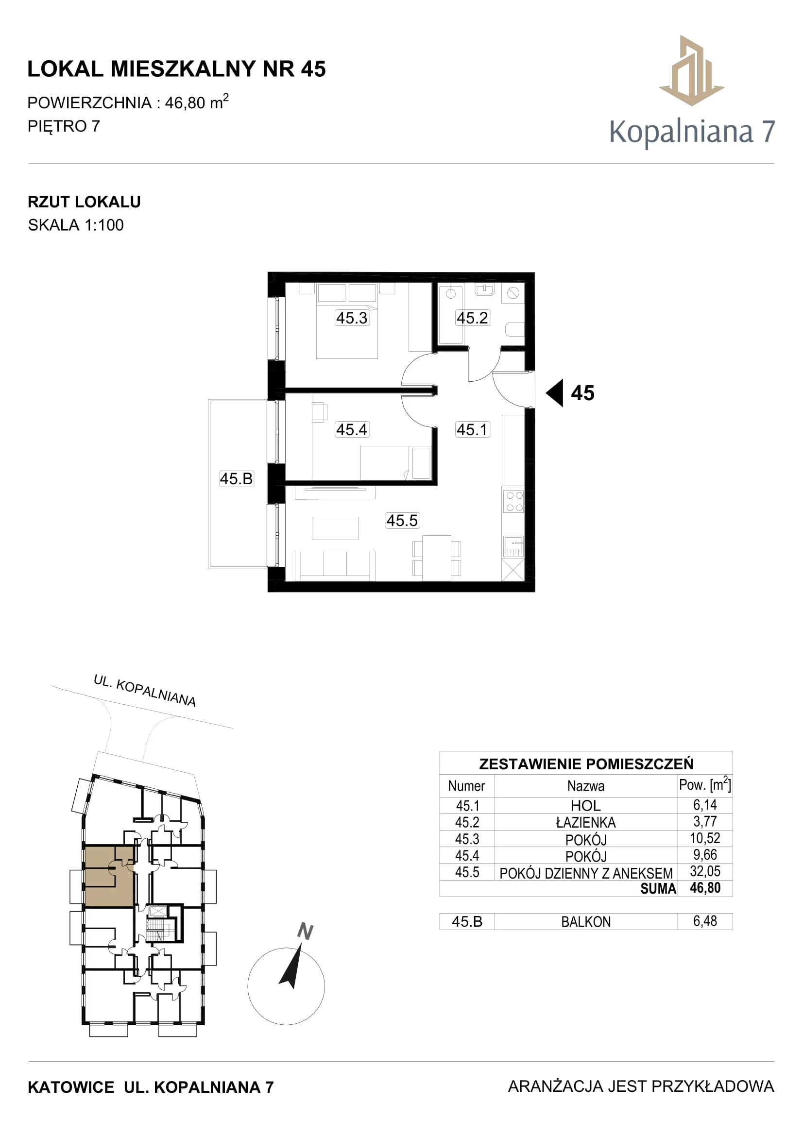 3 pokoje, mieszkanie 46,80 m², piętro 7, oferta nr 45, Kopalniana 7, Katowice, Bogucice, Bogucice, ul. Kopalniana 7