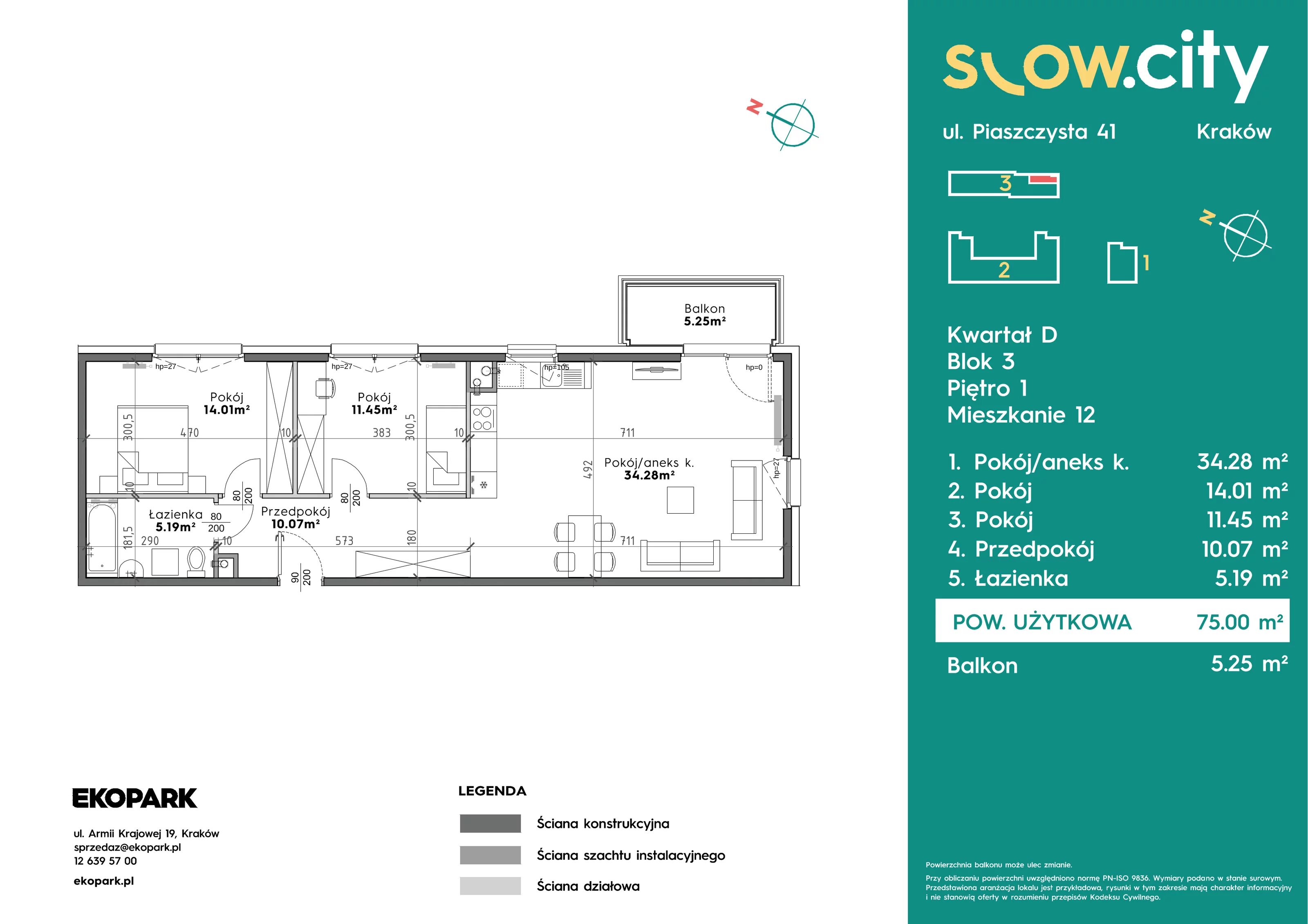 3 pokoje, mieszkanie 75,00 m², piętro 1, oferta nr D3-12, Slow City - Etap D, Kraków, Prądnik Biały, ul. Piaszczysta