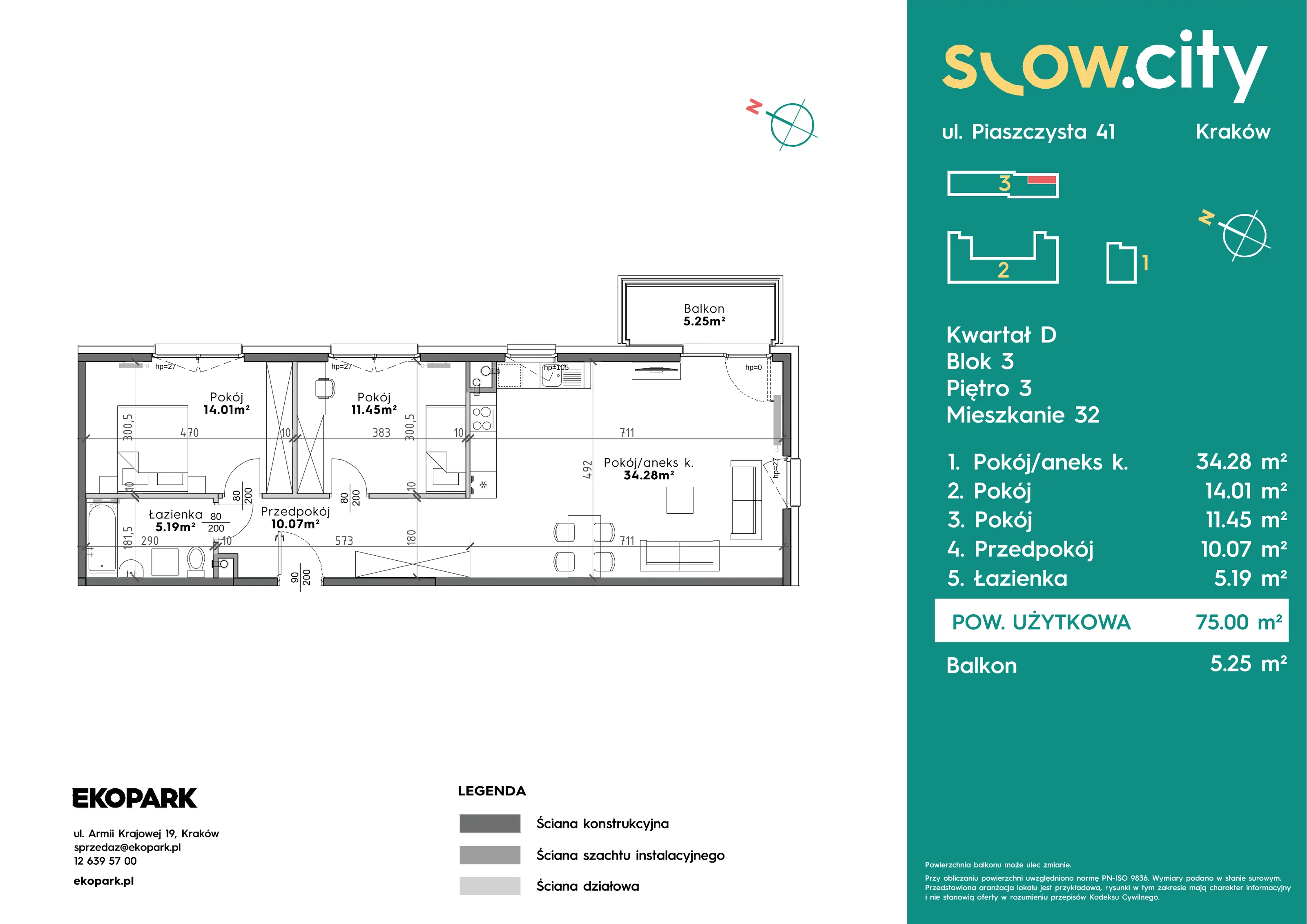 3 pokoje, mieszkanie 75,00 m², piętro 3, oferta nr D3-32, Slow City - Etap D, Kraków, Prądnik Biały, ul. Piaszczysta