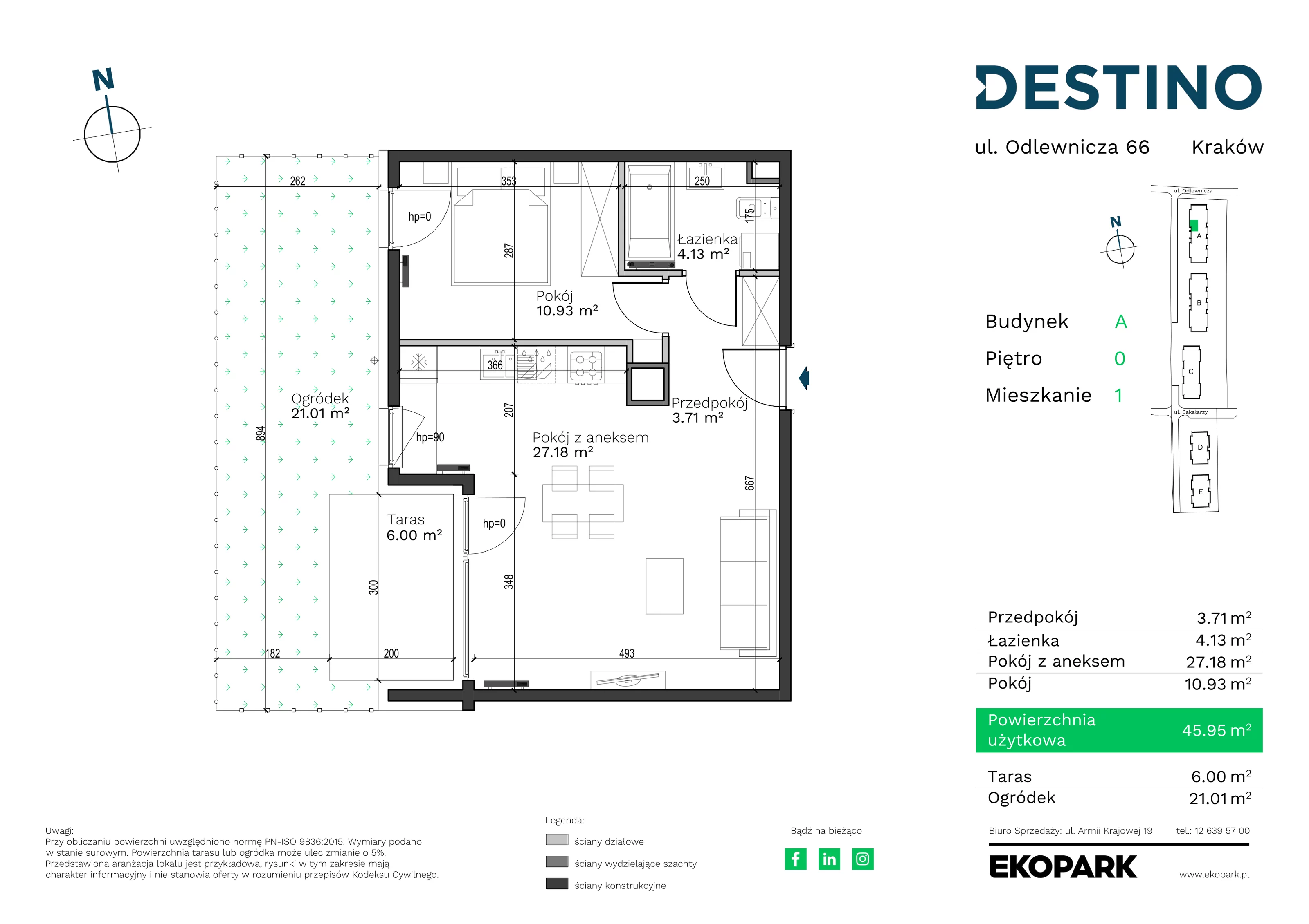 Mieszkanie 45,95 m², parter, oferta nr A-1, Destino, Kraków, Bronowice, Bronowice Małe, ul. Odlewnicza