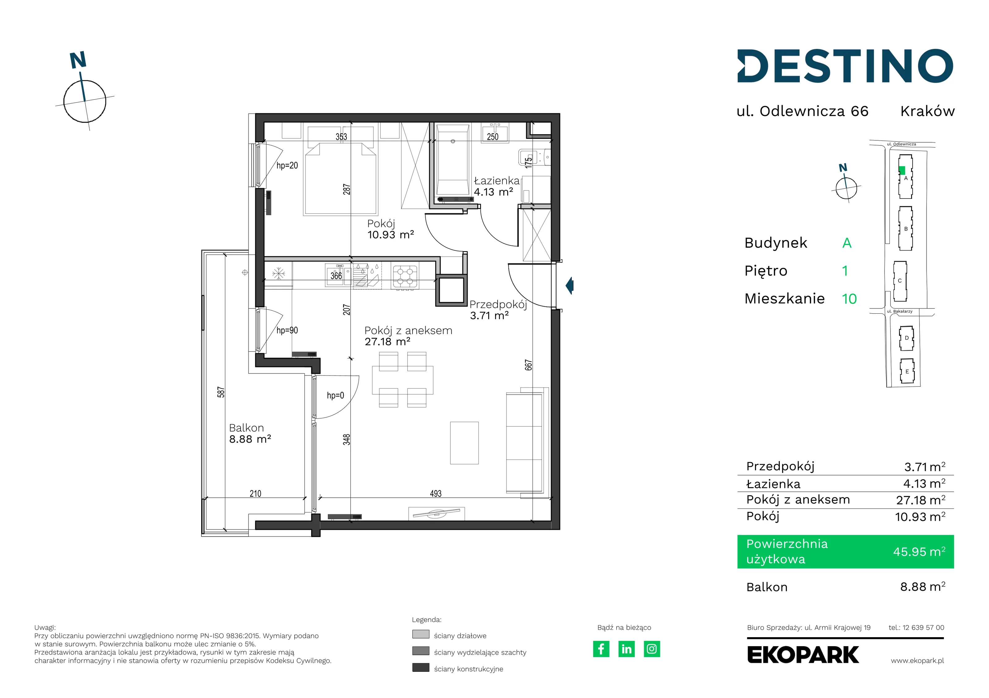 2 pokoje, mieszkanie 45,95 m², piętro 1, oferta nr A-10, Destino, Kraków, Bronowice, Bronowice Małe, ul. Odlewnicza