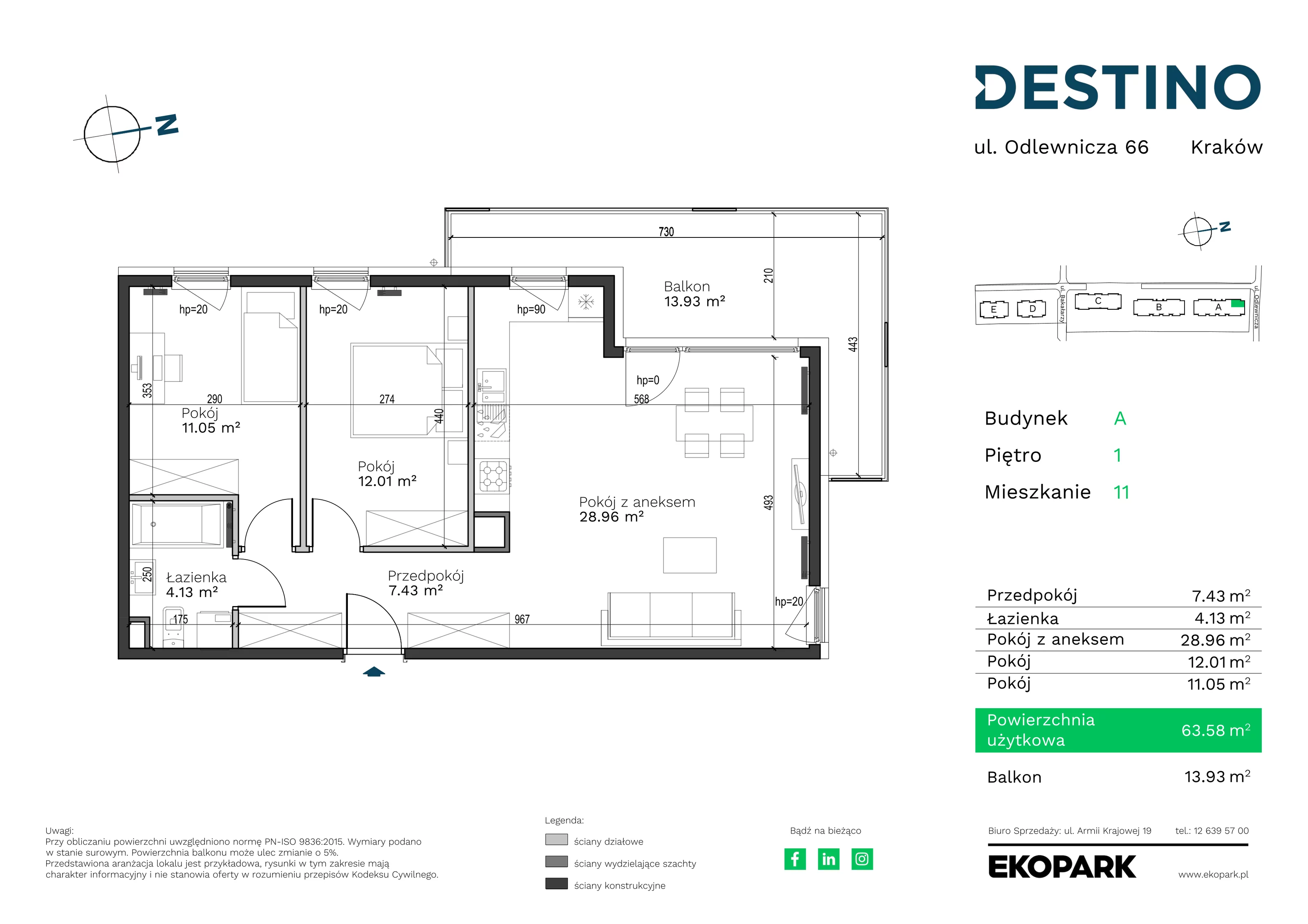 Mieszkanie 63,58 m², piętro 1, oferta nr A-11, Destino, Kraków, Bronowice, Bronowice Małe, ul. Odlewnicza