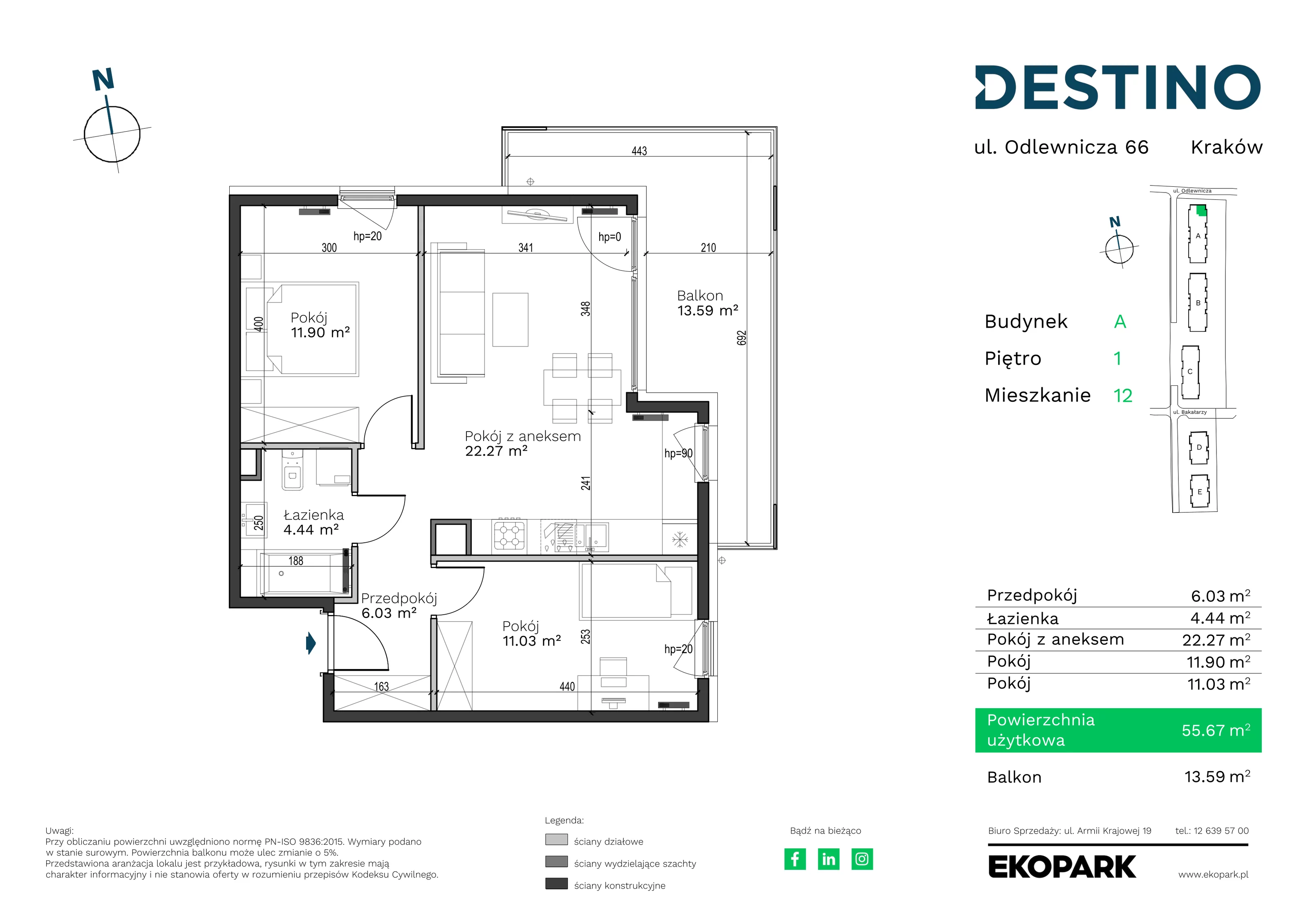 Mieszkanie 55,67 m², piętro 1, oferta nr A-12, Destino, Kraków, Bronowice, Bronowice Małe, ul. Odlewnicza