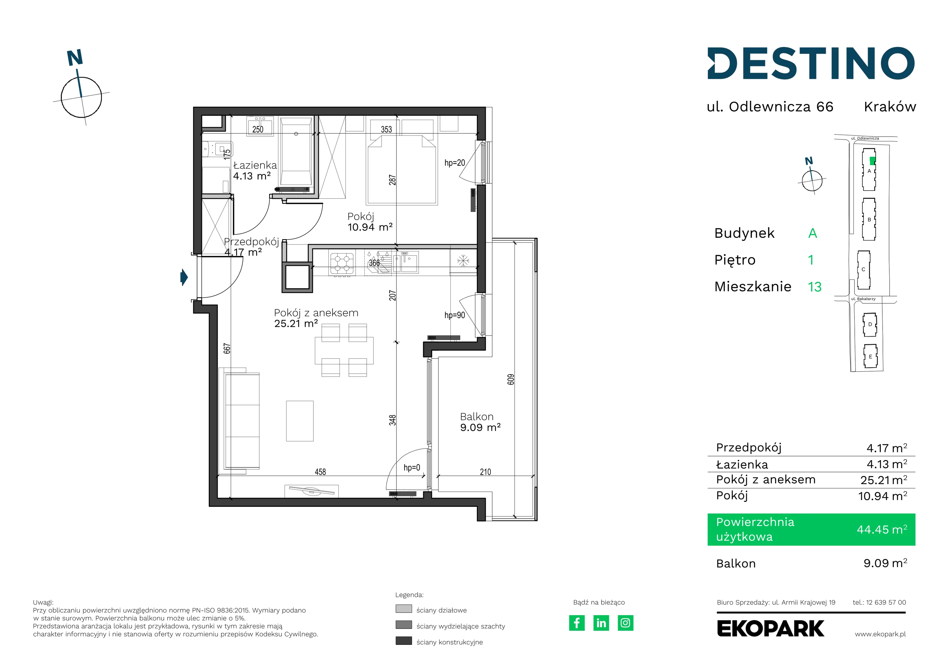 2 pokoje, mieszkanie 44,45 m², piętro 1, oferta nr A-13, Destino, Kraków, Bronowice, Bronowice Małe, ul. Odlewnicza