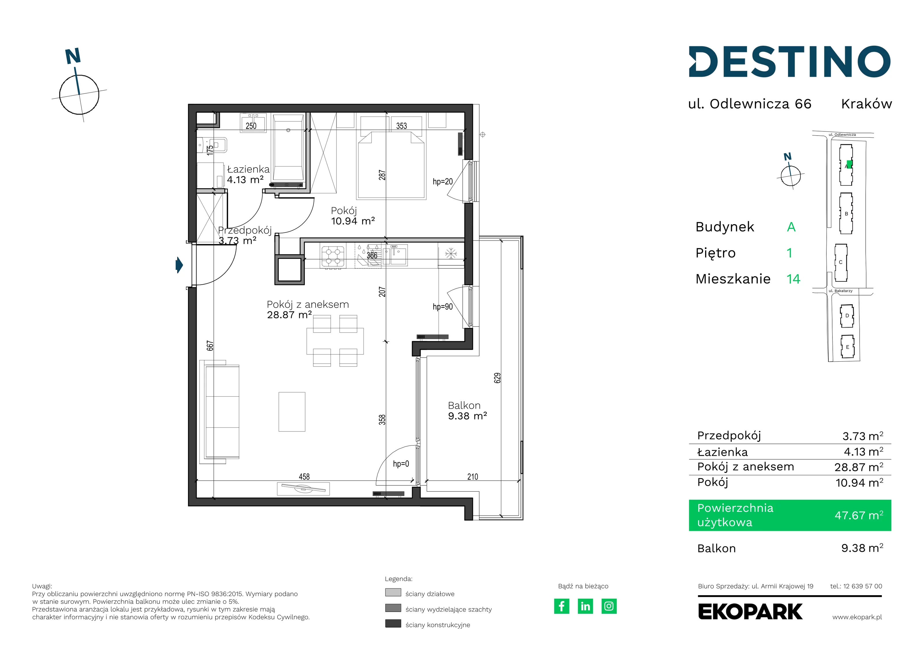 Mieszkanie 47,67 m², piętro 1, oferta nr A-14, Destino, Kraków, Bronowice, Bronowice Małe, ul. Odlewnicza