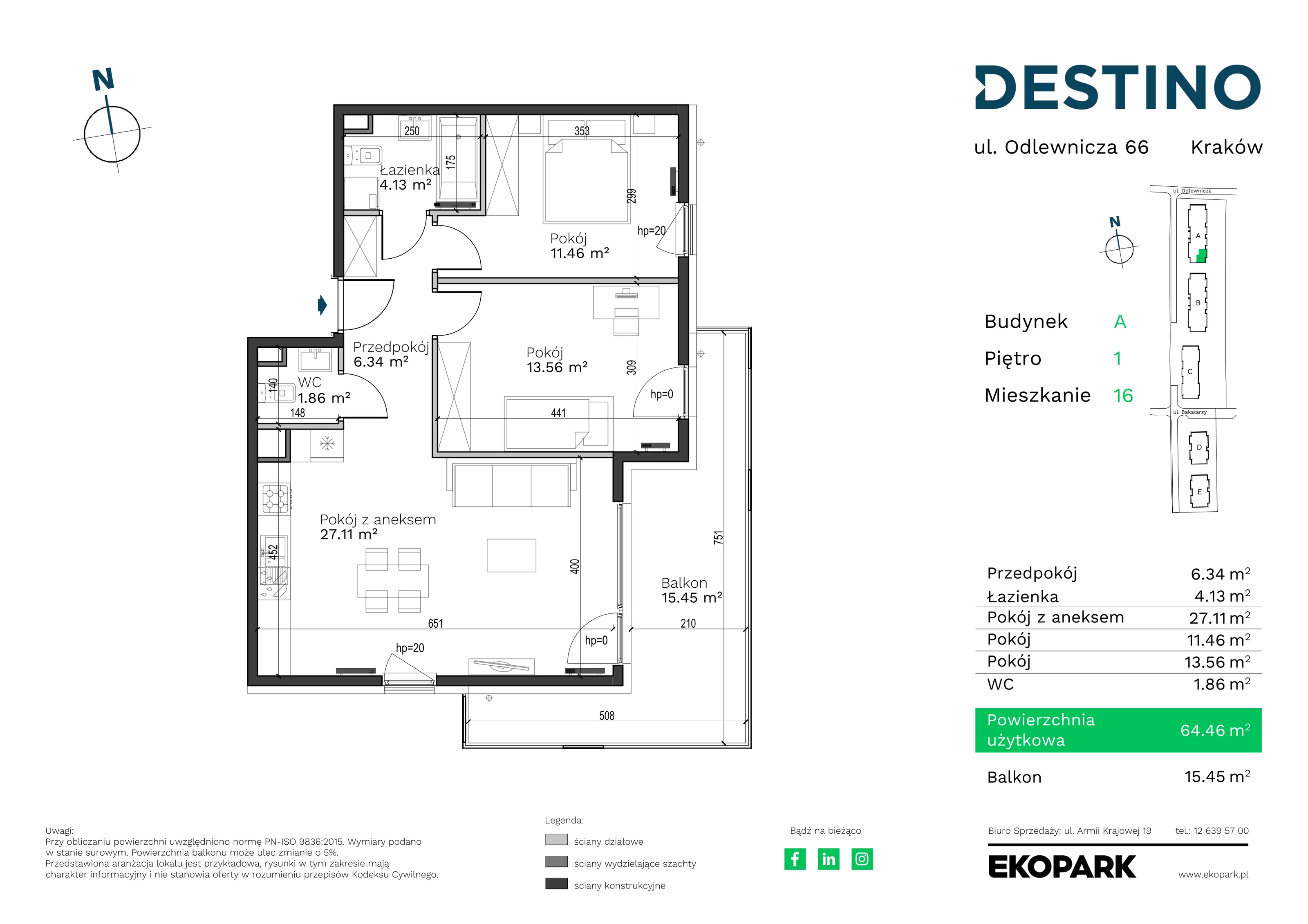 Mieszkanie 64,46 m², piętro 1, oferta nr A-16, Destino, Kraków, Bronowice, Bronowice Małe, ul. Odlewnicza