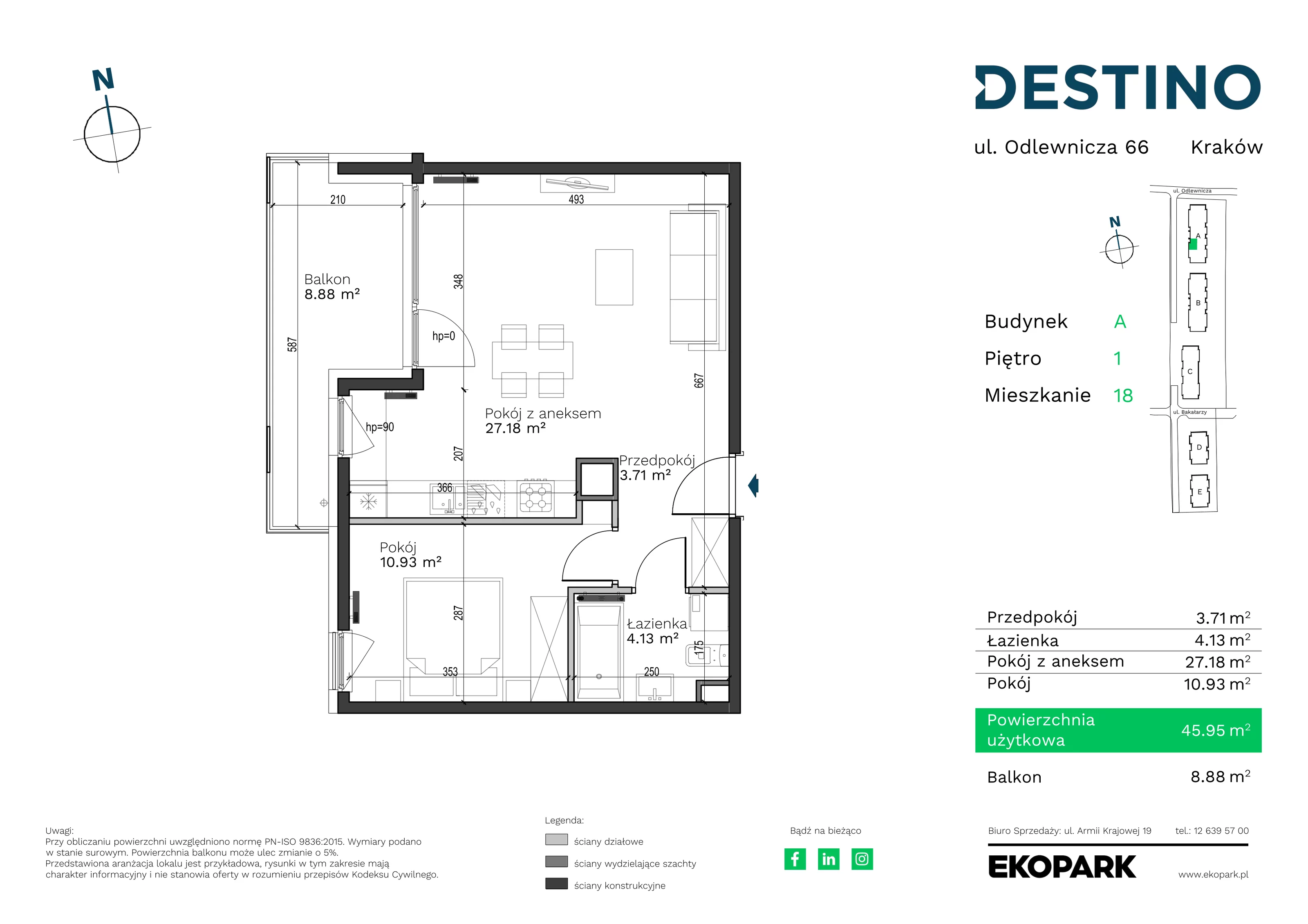 2 pokoje, mieszkanie 45,95 m², piętro 1, oferta nr A-18, Destino, Kraków, Bronowice, Bronowice Małe, ul. Odlewnicza