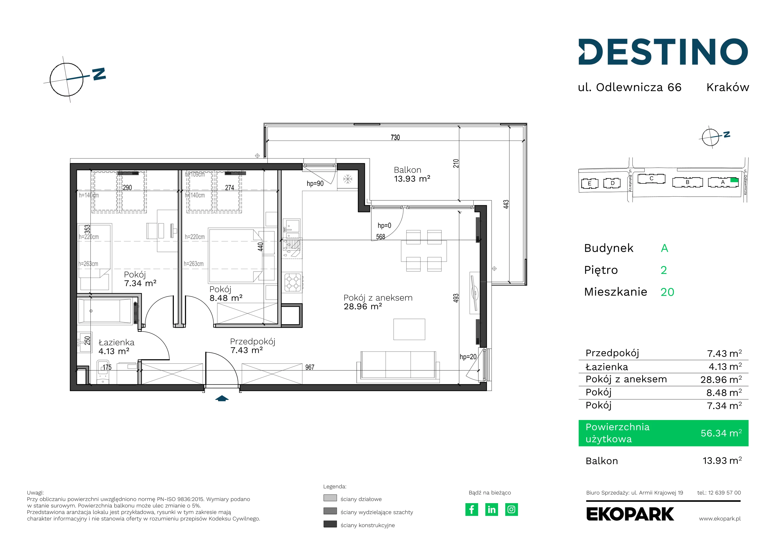 Mieszkanie 56,34 m², piętro 2, oferta nr A-20, Destino, Kraków, Bronowice, Bronowice Małe, ul. Odlewnicza