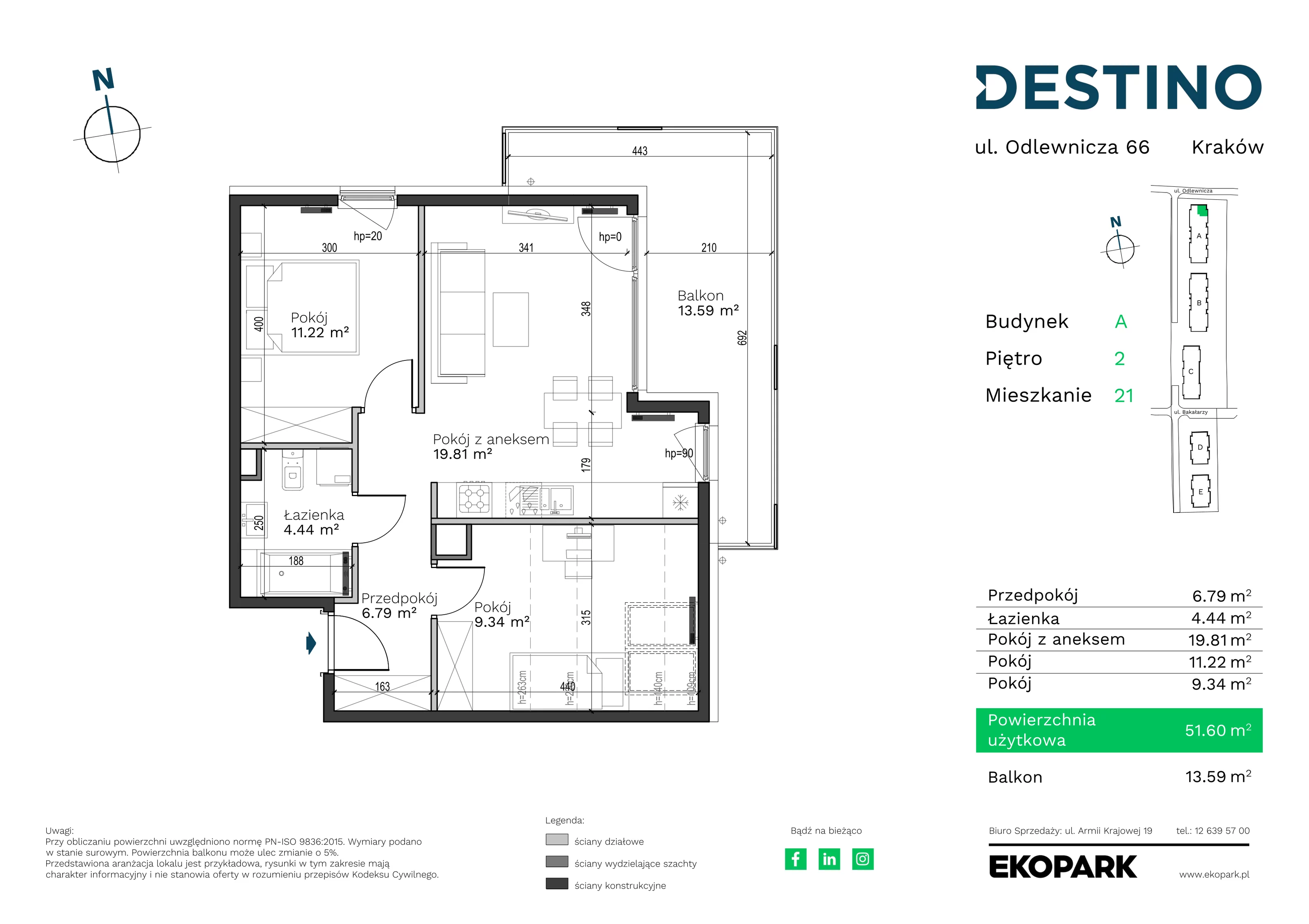 Mieszkanie 51,60 m², piętro 2, oferta nr A-21, Destino, Kraków, Bronowice, Bronowice Małe, ul. Odlewnicza