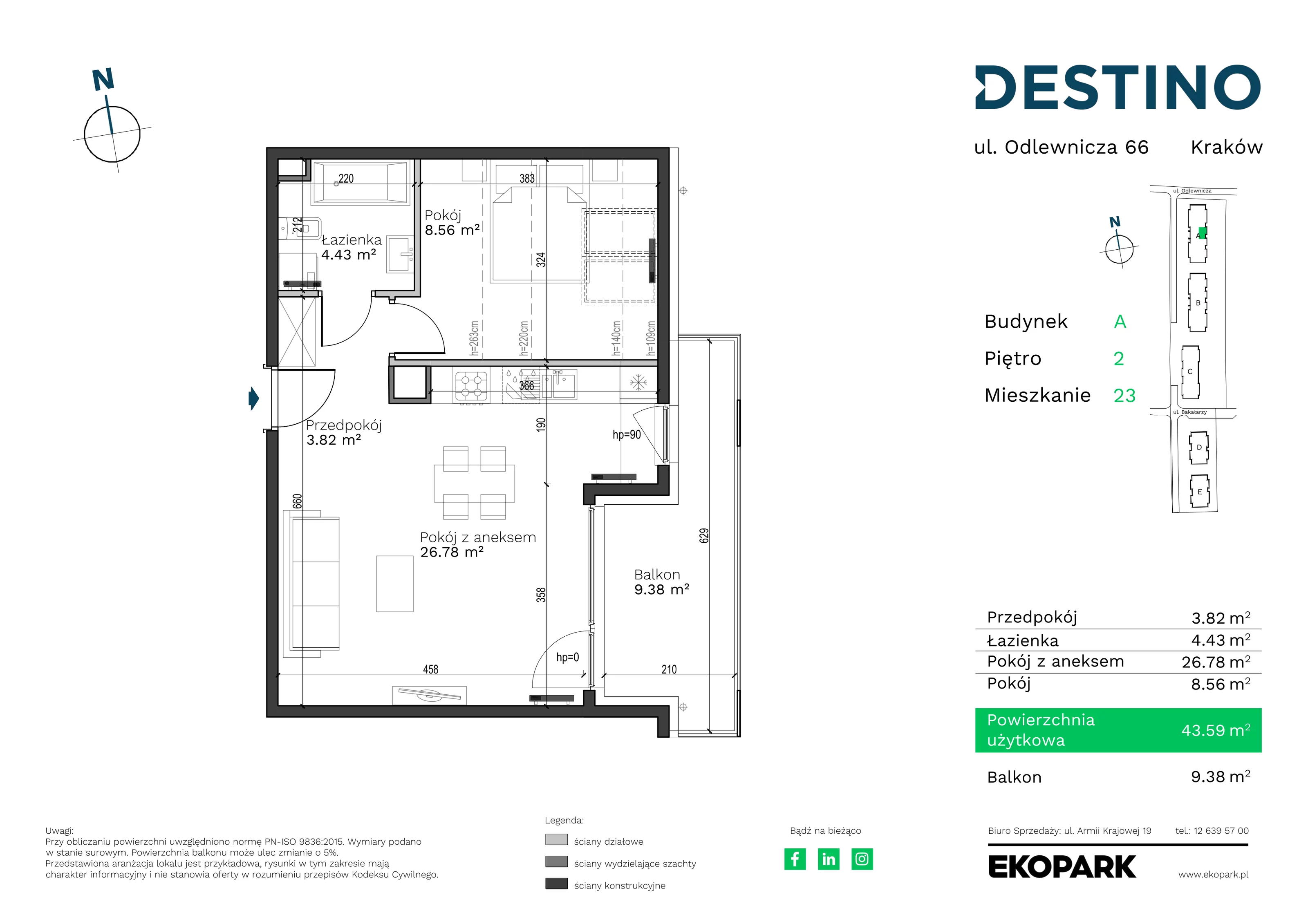 2 pokoje, mieszkanie 43,59 m², piętro 2, oferta nr A-23, Destino, Kraków, Bronowice, Bronowice Małe, ul. Odlewnicza