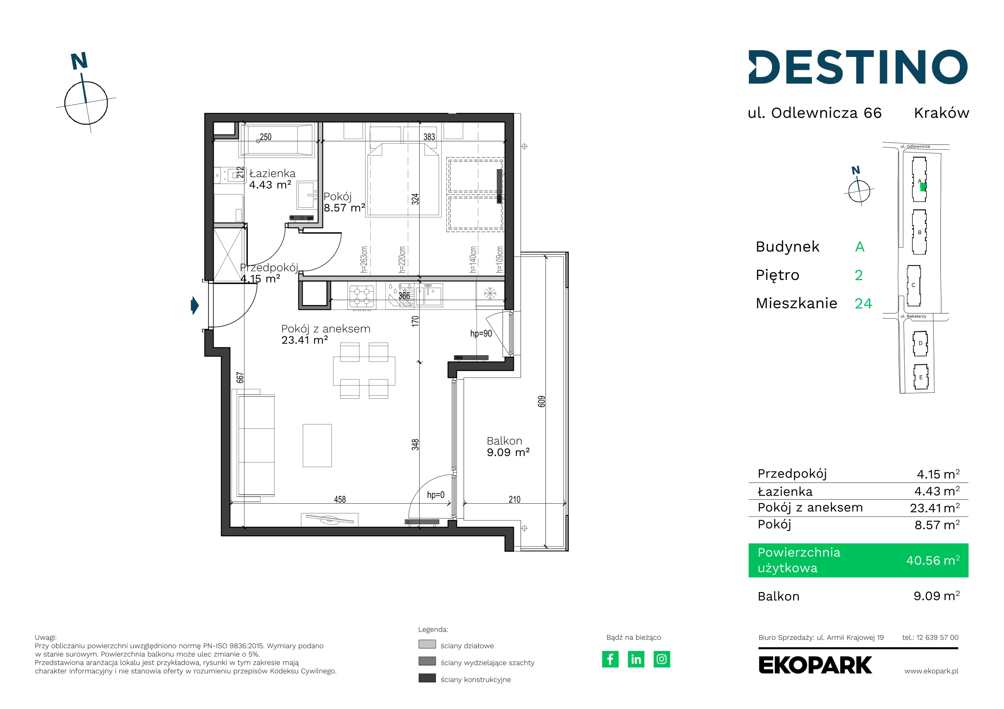 2 pokoje, mieszkanie 40,56 m², piętro 2, oferta nr A-24, Destino, Kraków, Bronowice, Bronowice Małe, ul. Odlewnicza